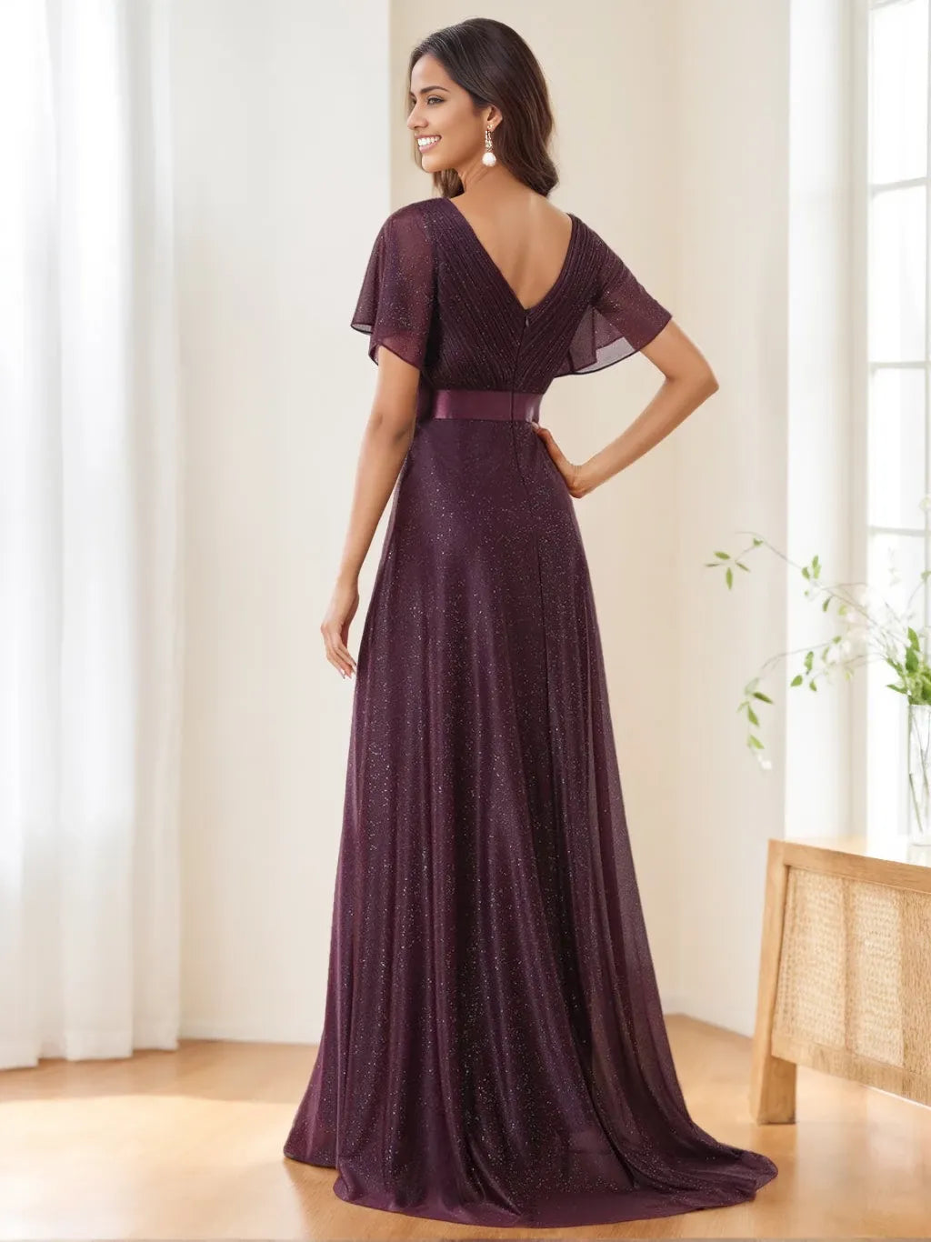 Sleeves Princess V-Neck Short Floor Length Sparkling Elegant Evening Dresses