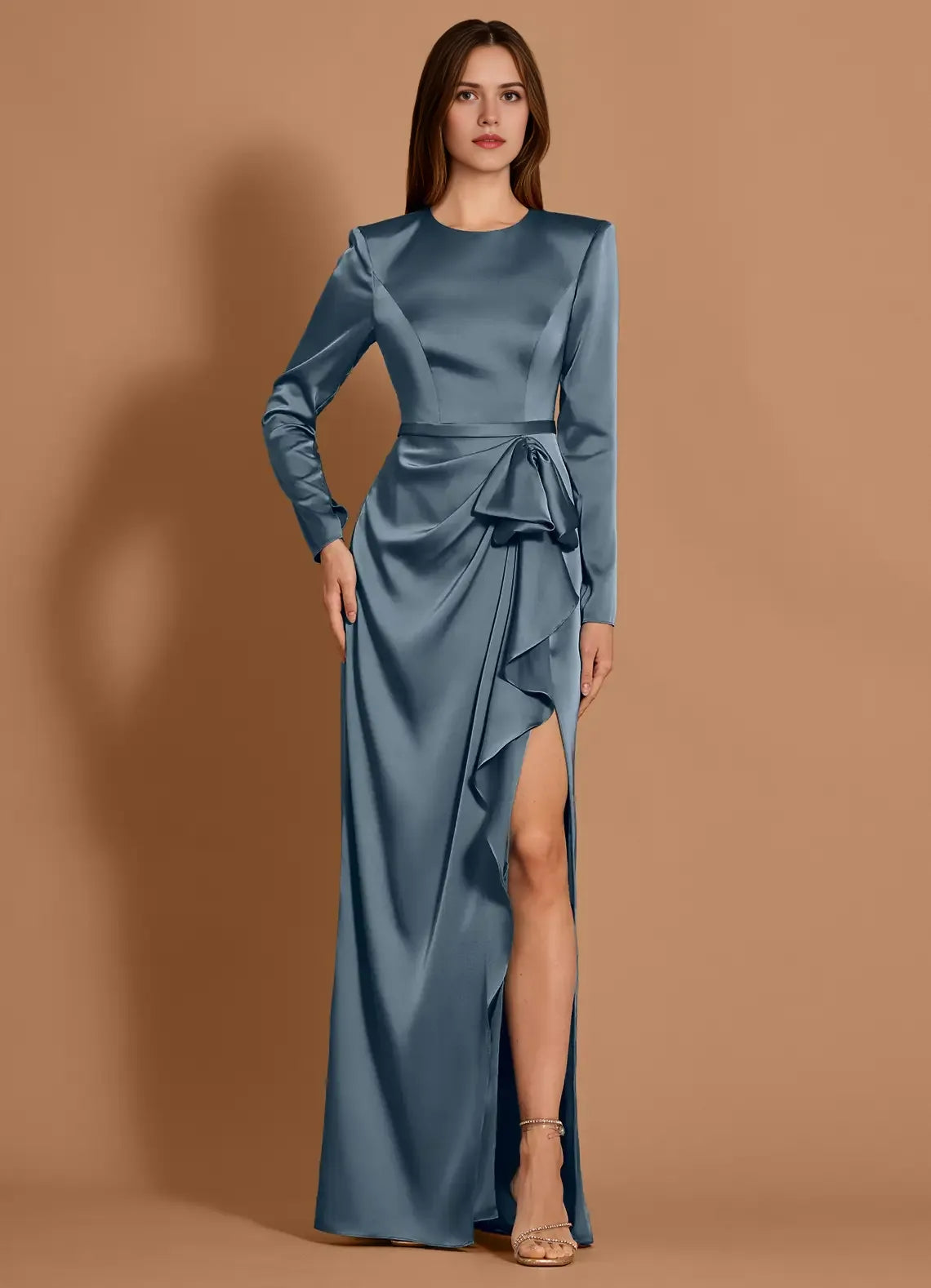 Smooth Sheath Crew Neck Long Sleeve Belted Back Floor Length For Sale Prom Dress