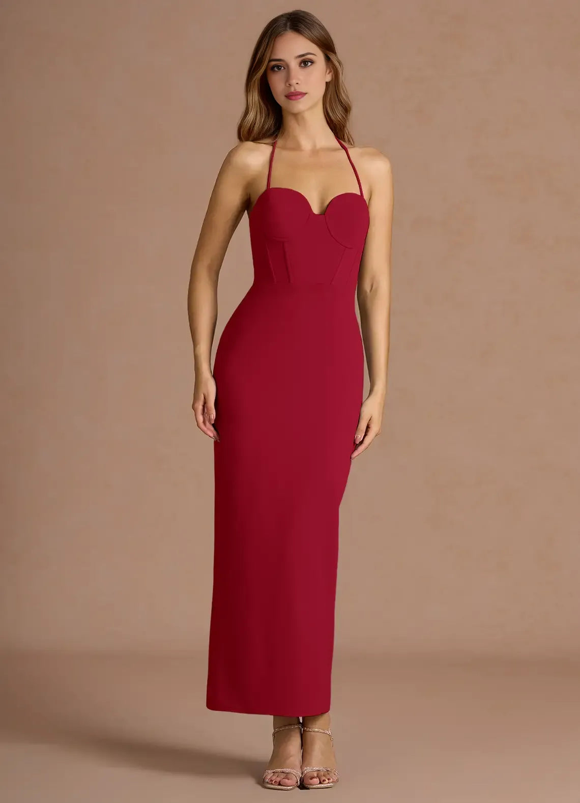 Smooth Sheath Halter Neck Sleeveless Open Back Midi Length For Ladies Prom Dress