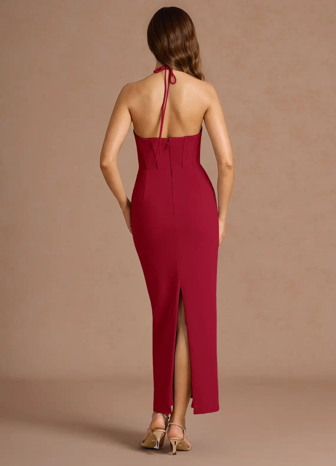 Smooth Sheath Halter Neck Sleeveless Open Back Midi Length For Ladies Prom Dress