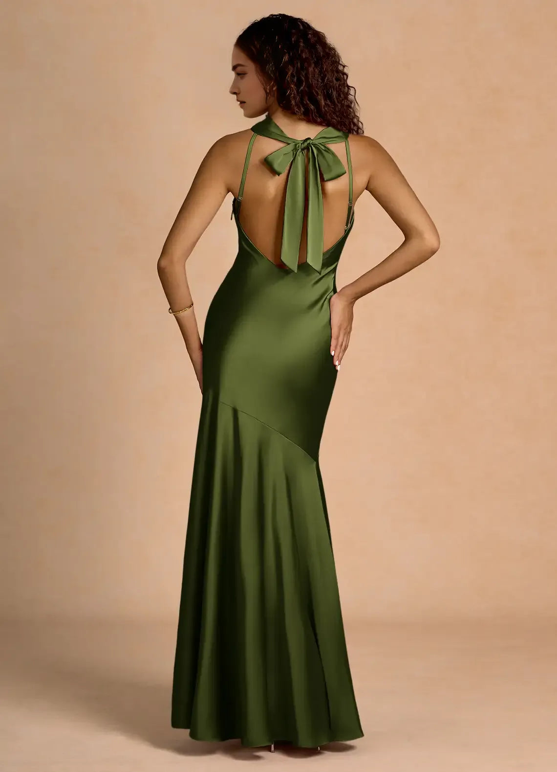 Smooth Trumpet Cowl Neck Sleeveless Bow Accent Open Back Floor Length Female Prom Dress