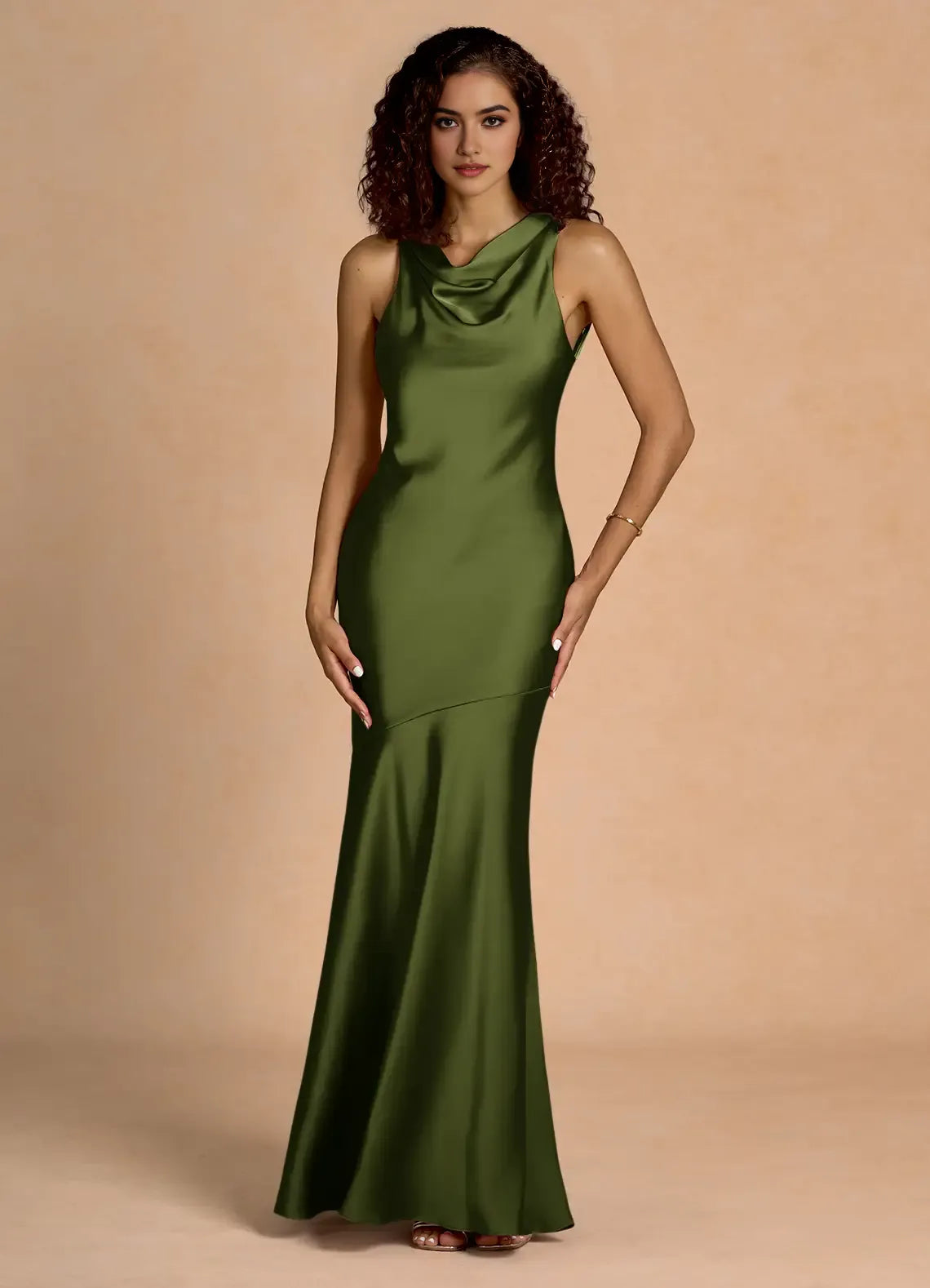 Smooth Trumpet Cowl Neck Sleeveless Bow Accent Open Back Floor Length Female Prom Dress