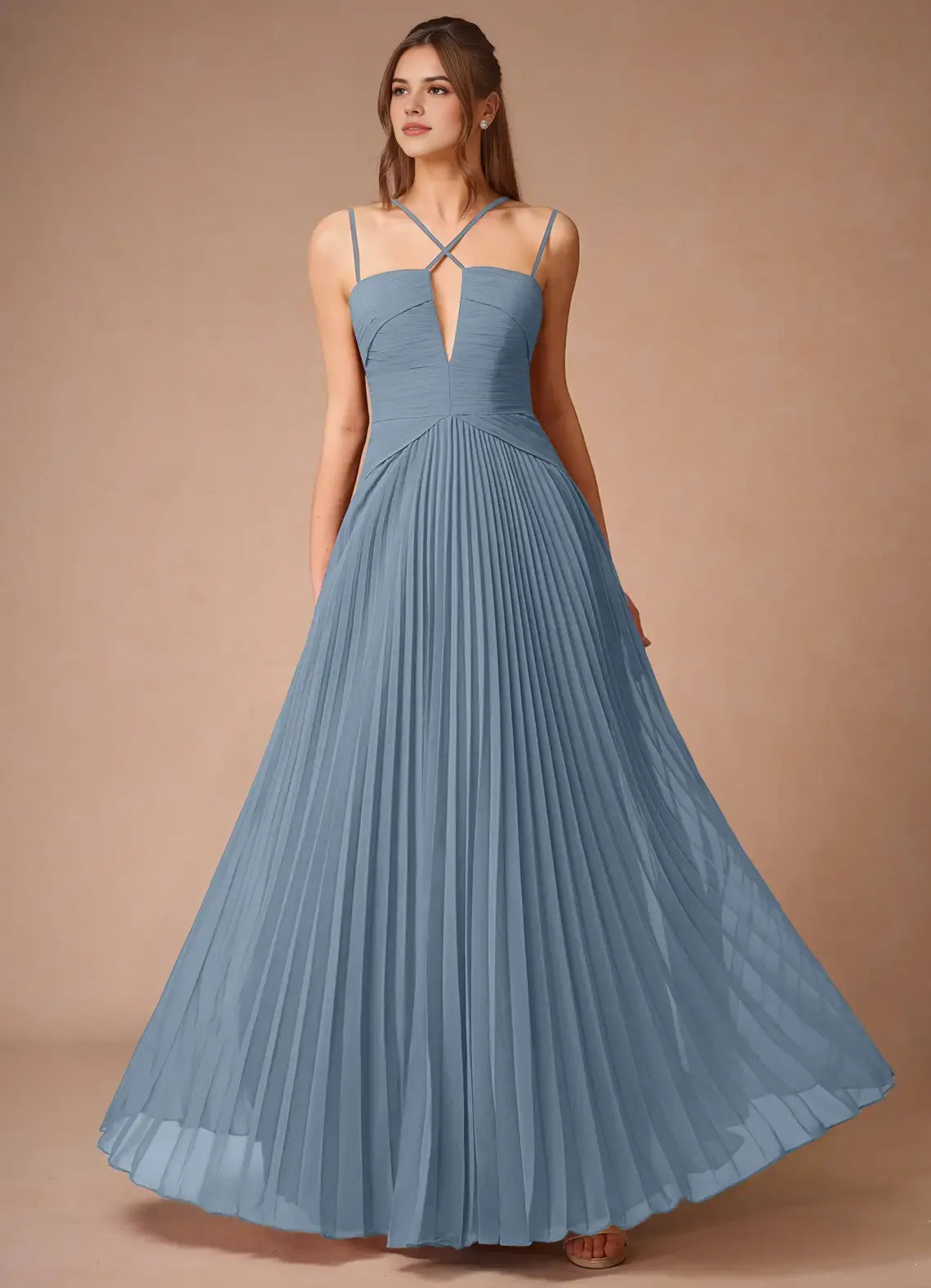 Soft A Line Keyhole Neck Spaghetti Strap Crisscross Strap Back Floor Length For Ladies Prom Dress