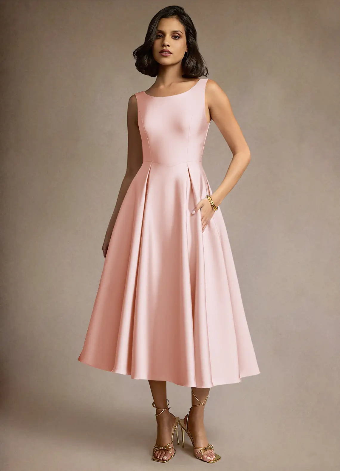 Soft Fit and Flare Boat Neck Sleeveless V Back Tea Length For Women Prom Dress