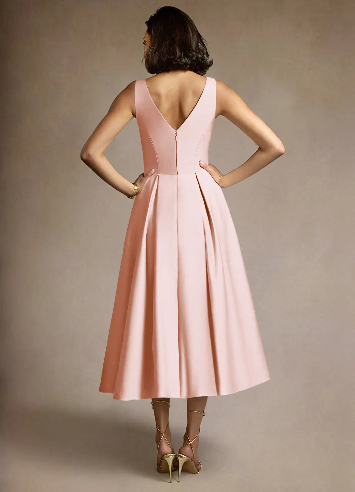 Soft Fit and Flare Boat Neck Sleeveless V Back Tea Length For Women Prom Dress