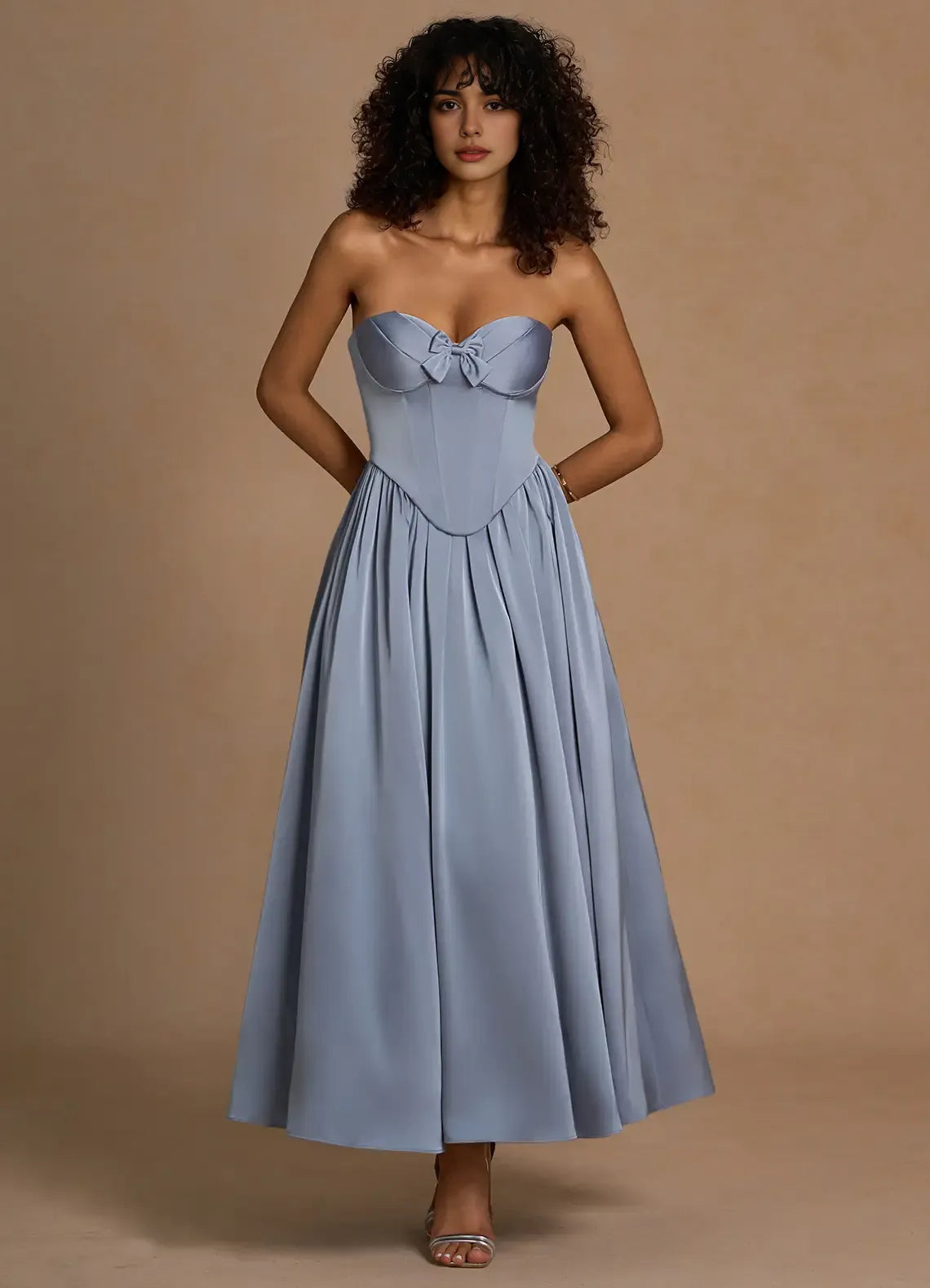 Soft Fit and Flare Sweetheart Strapless Lace Up Back Midi Length For Women Prom Dress