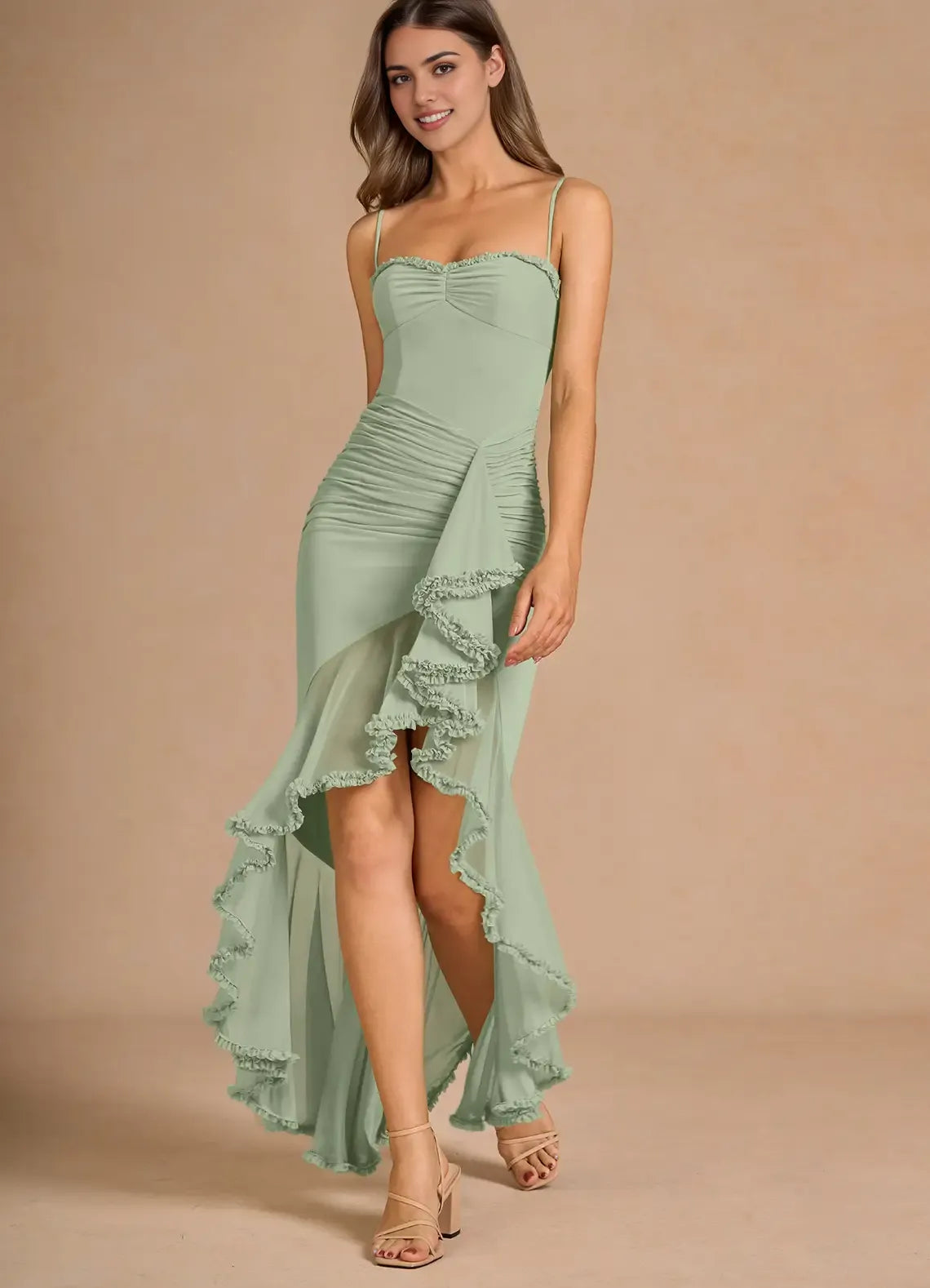 Soft Mermaid Spaghetti Strap Sleeveless Open Back High Low For Ladies Prom Dress