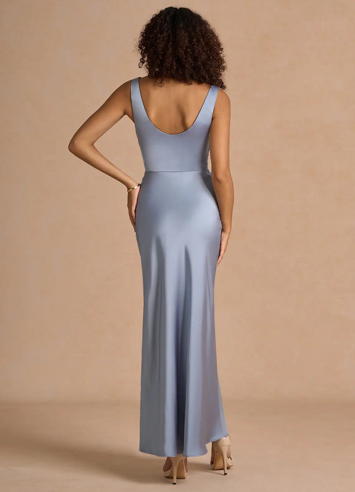 Soft Sheath Cowl Neck Sleeveless Scoop Back Midi Length For Adults Prom Dress ﻿