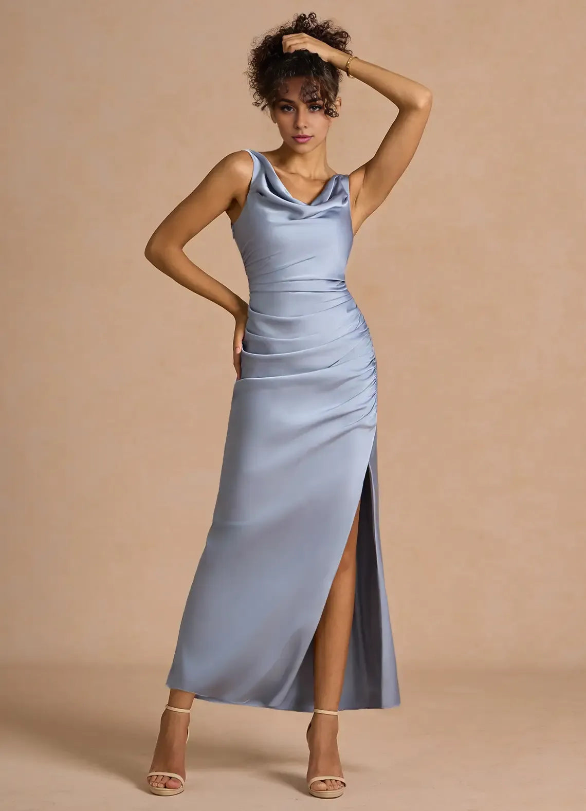 Soft Sheath Cowl Neck Sleeveless Scoop Back Midi Length For Adults Prom Dress ﻿