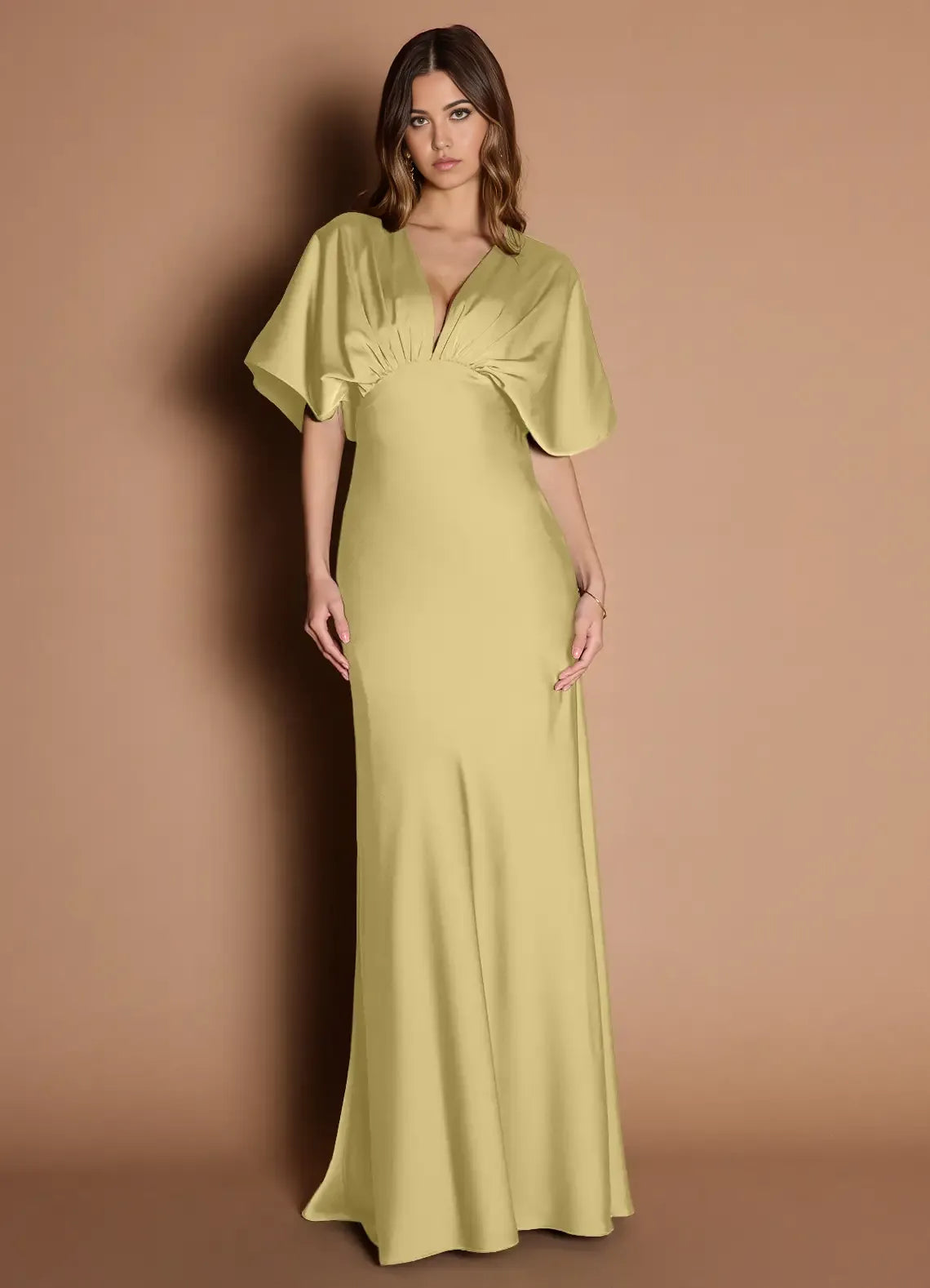 Soft Sheath Deep V Neck Short Sleeve Ruched Back Floor Length Female Prom Dress