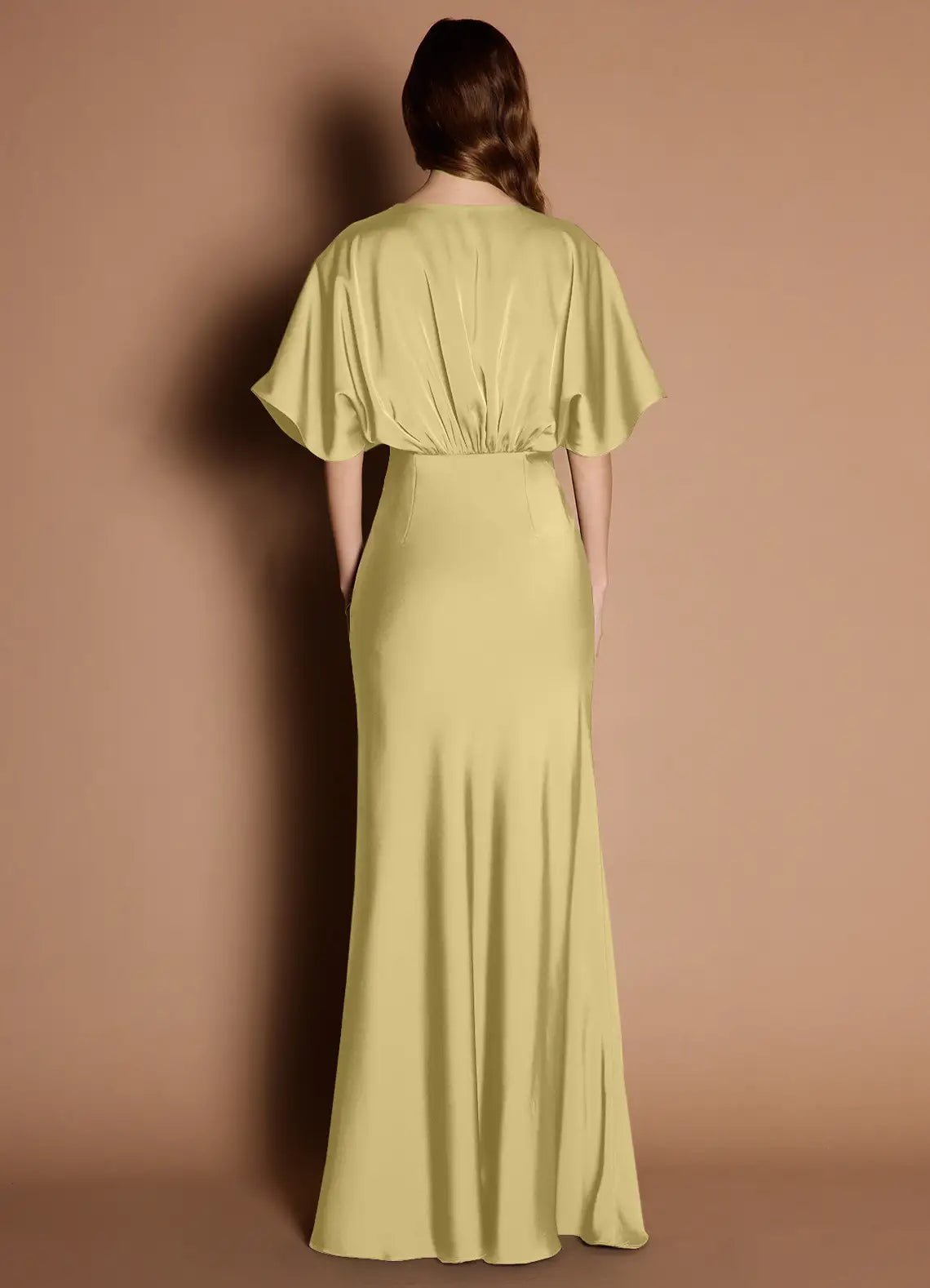 Soft Sheath Deep V Neck Short Sleeve Ruched Back Floor Length Female Prom Dress