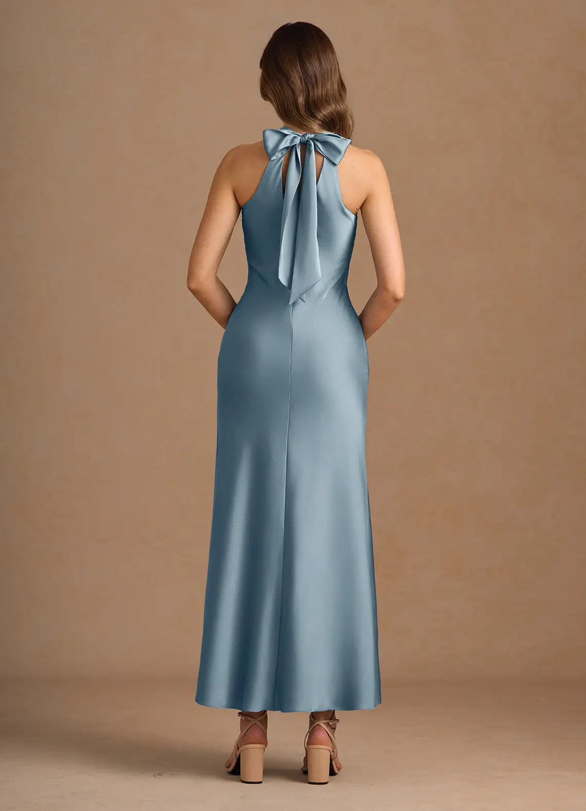 Soft Sheath Halter Neck Sleeveless Bow Back Midi Length For Ladies Prom Dress ﻿