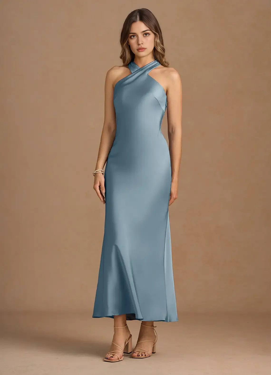 Soft Sheath Halter Neck Sleeveless Bow Back Midi Length For Ladies Prom Dress ﻿