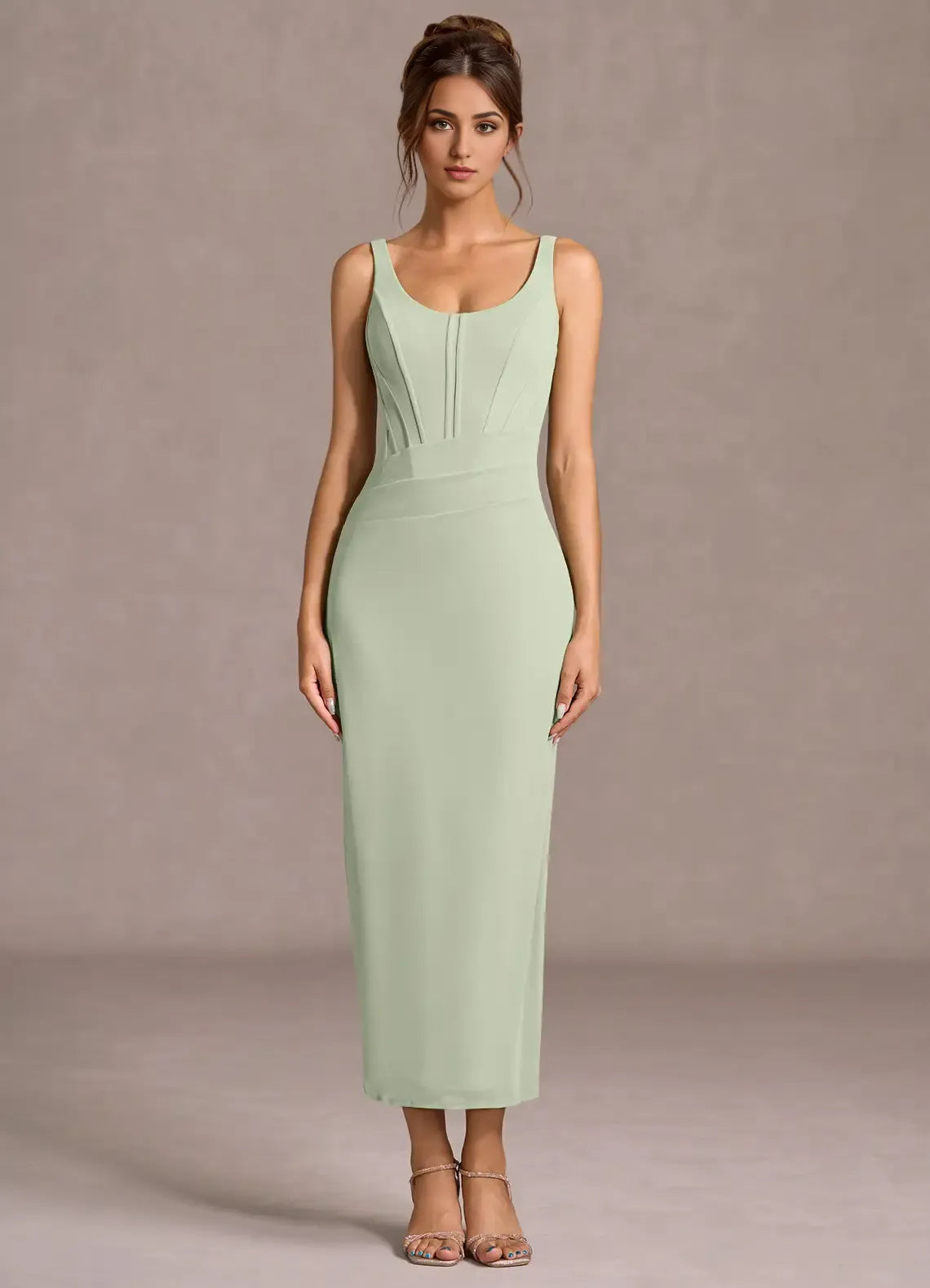 Soft Sheath Square Neck Sleeveless Lace Up Back Midi Length Hot sale Prom Dress