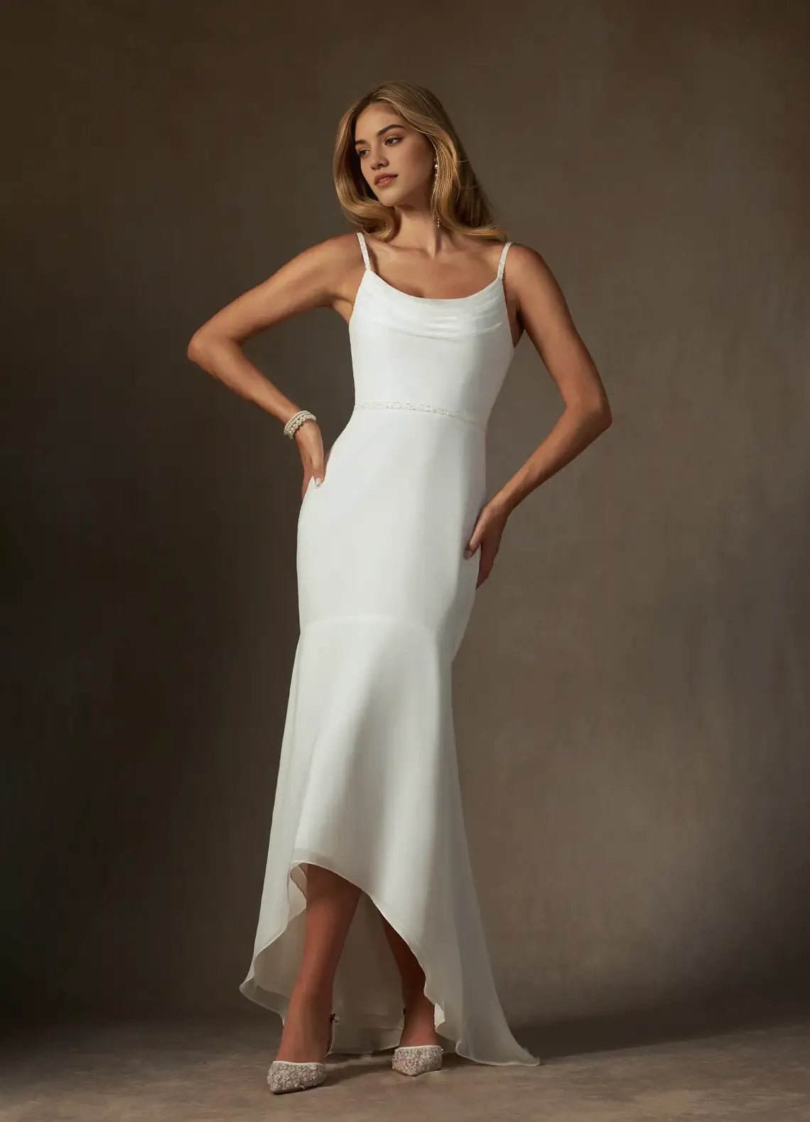 Soft Trumpet Cowl Neck Spaghetti Strap Zipper Back High Low For Sale Prom Dress