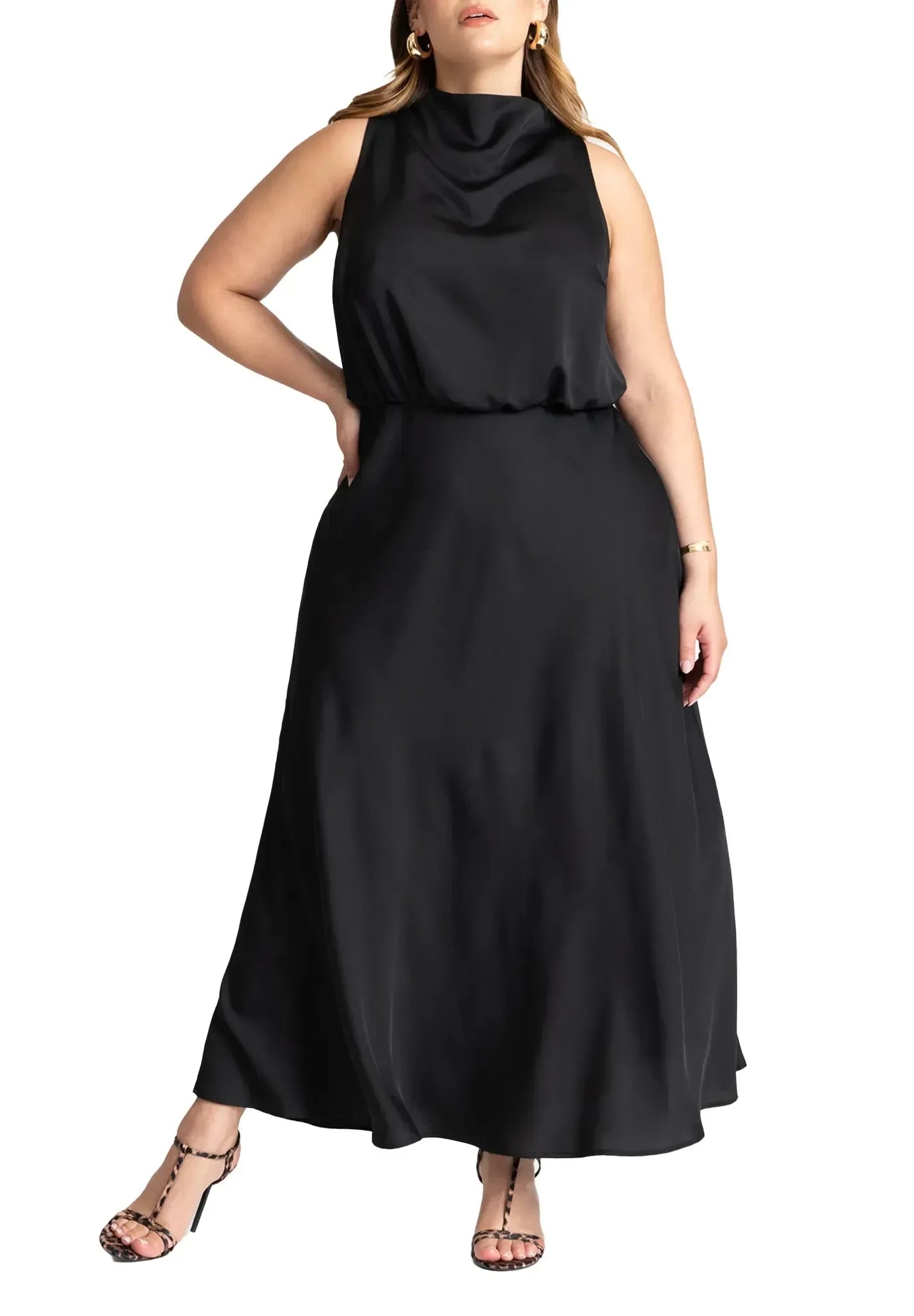 Sophisticated A Line Cowl Neck Sleeveless Zipper Back Floor Length Plus Size Evening Dress