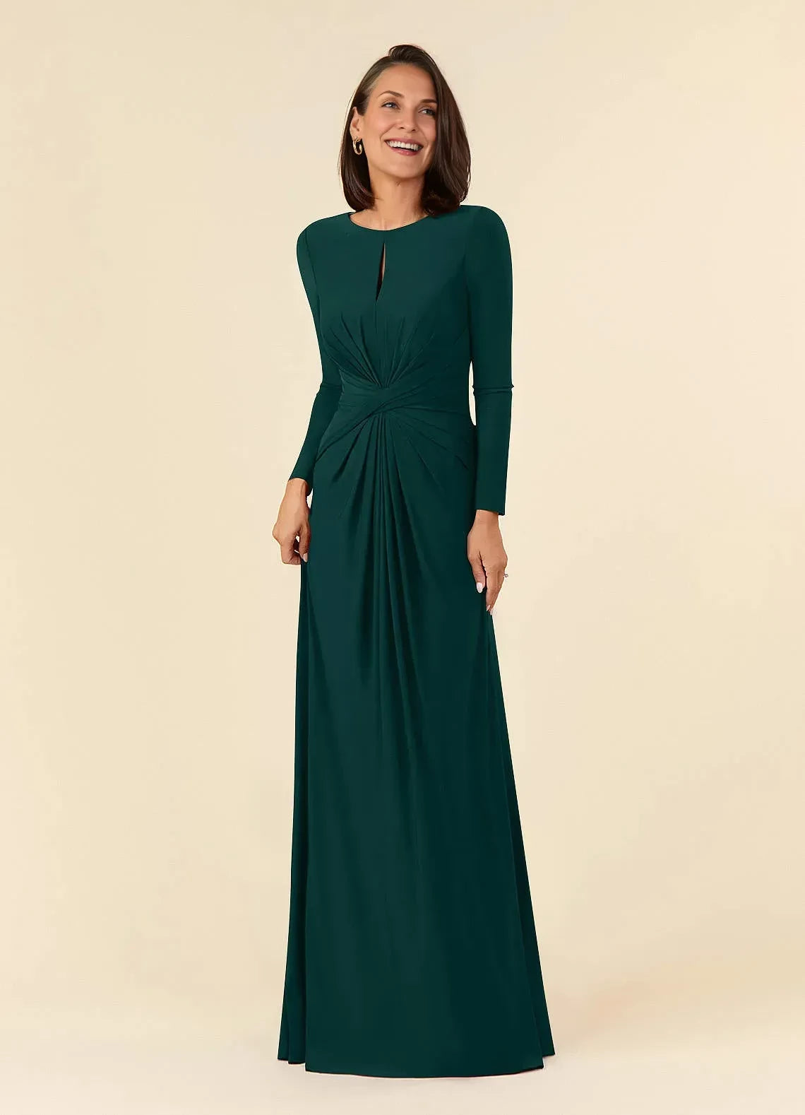 Sophisticated A Line Keyhole Neck Long Sleeve Zip Back Floor Length Mother of the Bride Dress