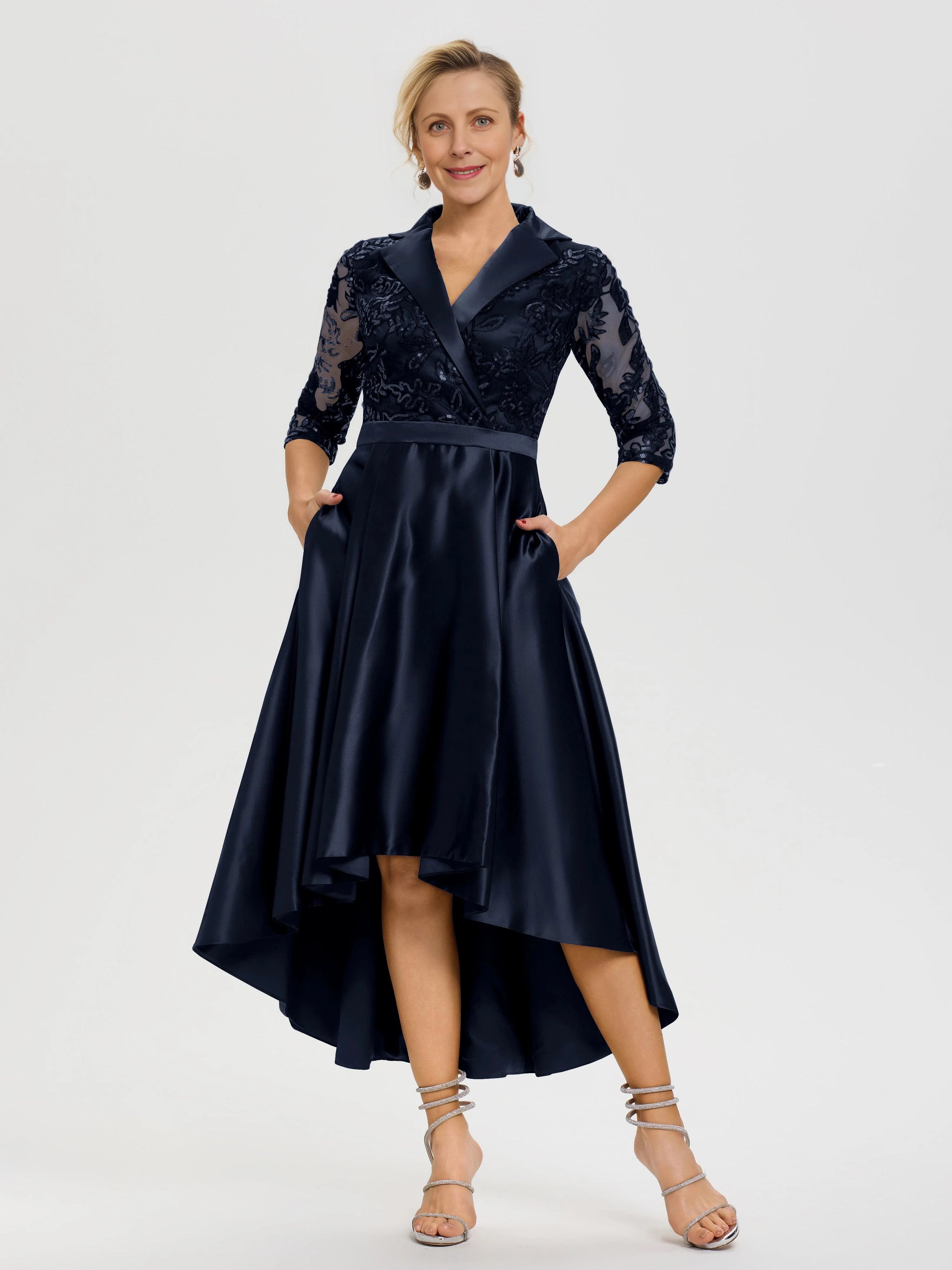 Sophisticated A Line Shawl Collar Three Quarter Sleeve zipper Back Hi Lo Midi Length Mother of the Bride Dress