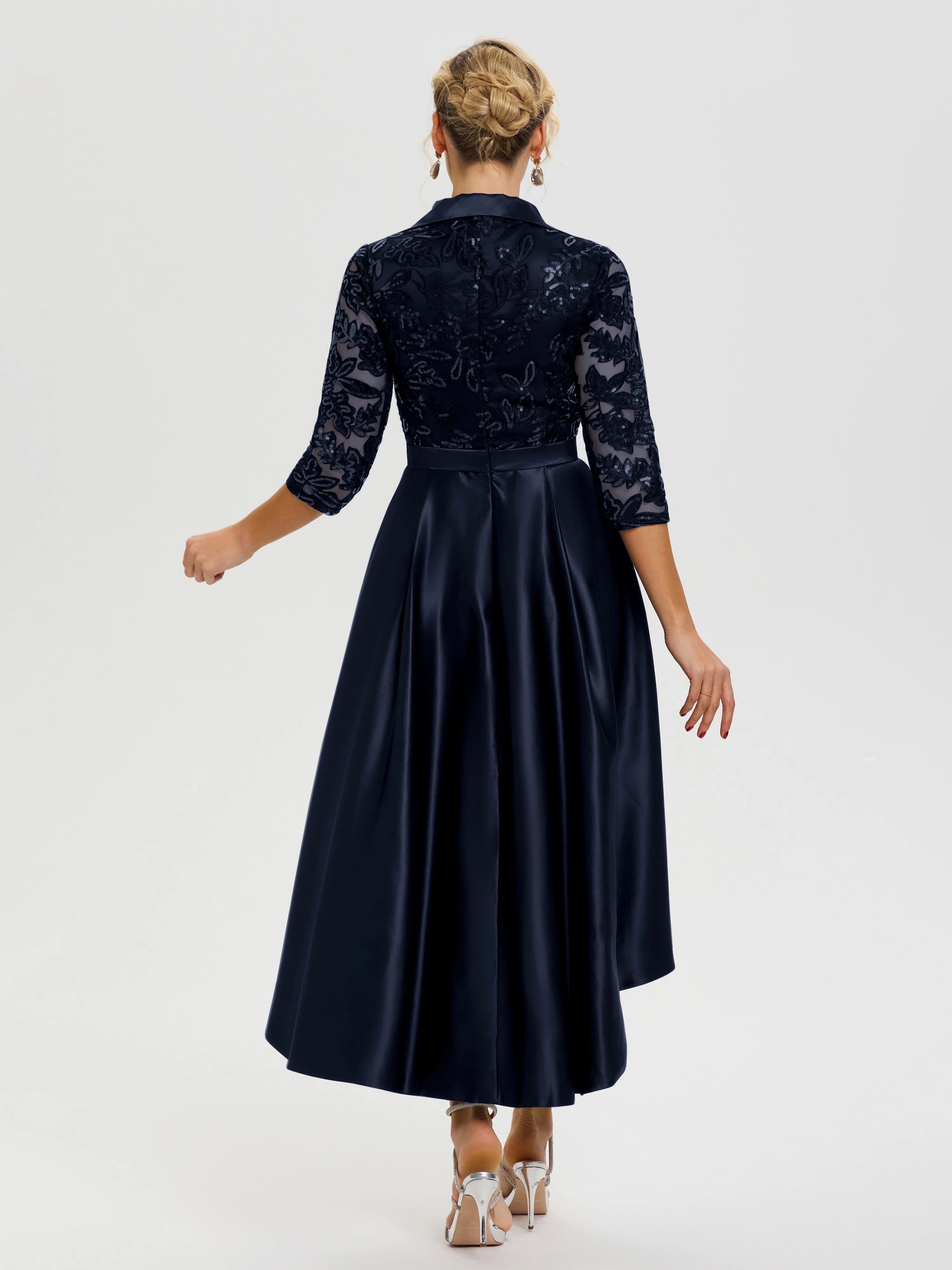 Sophisticated A Line Shawl Collar Three Quarter Sleeve zipper Back Hi Lo Midi Length Mother of the Bride Dress