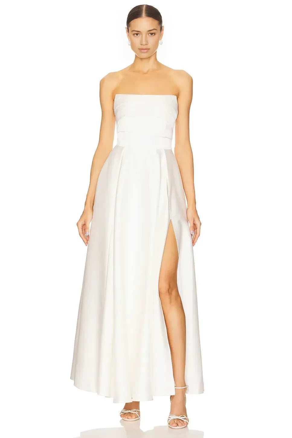 Sophisticated A Line Strapless Sleeveless Open Back High Slit Floor Length Evening Dress