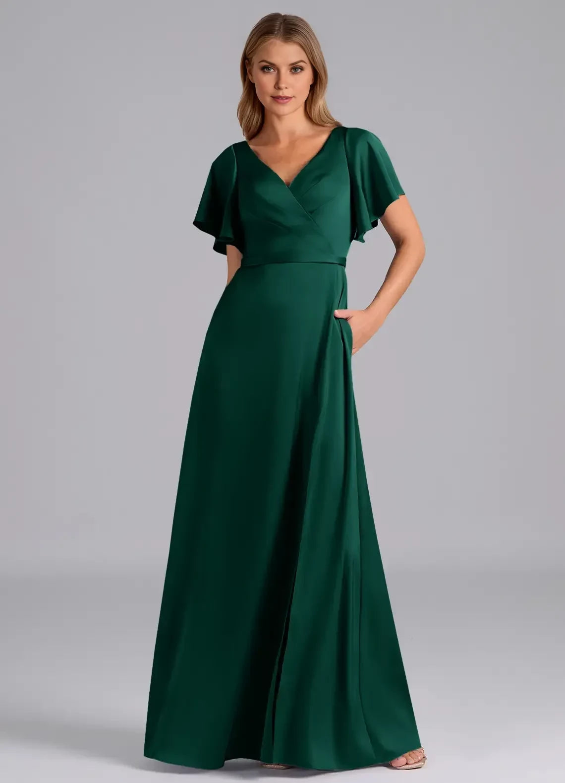Sophisticated A Line V Neck Flutter Sleeve V Back Floor Length Bridesmaid Dress