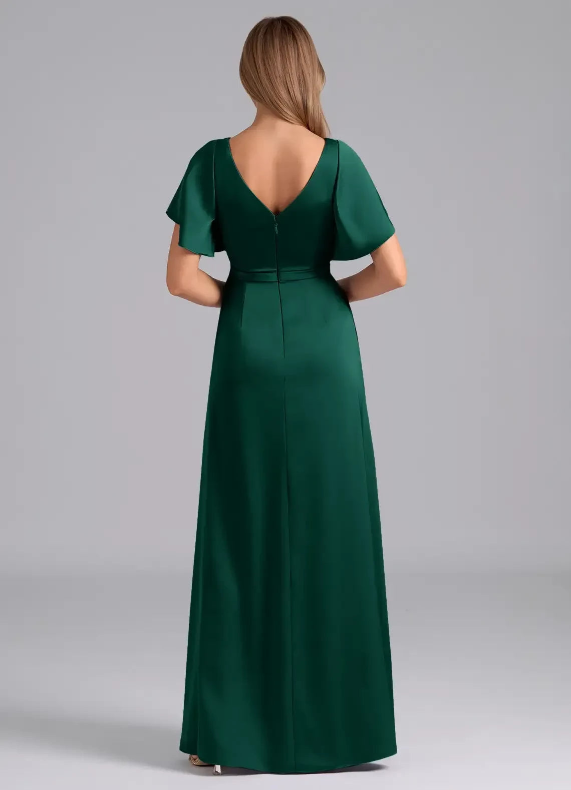 Sophisticated A Line V Neck Flutter Sleeve V Back Floor Length Bridesmaid Dress