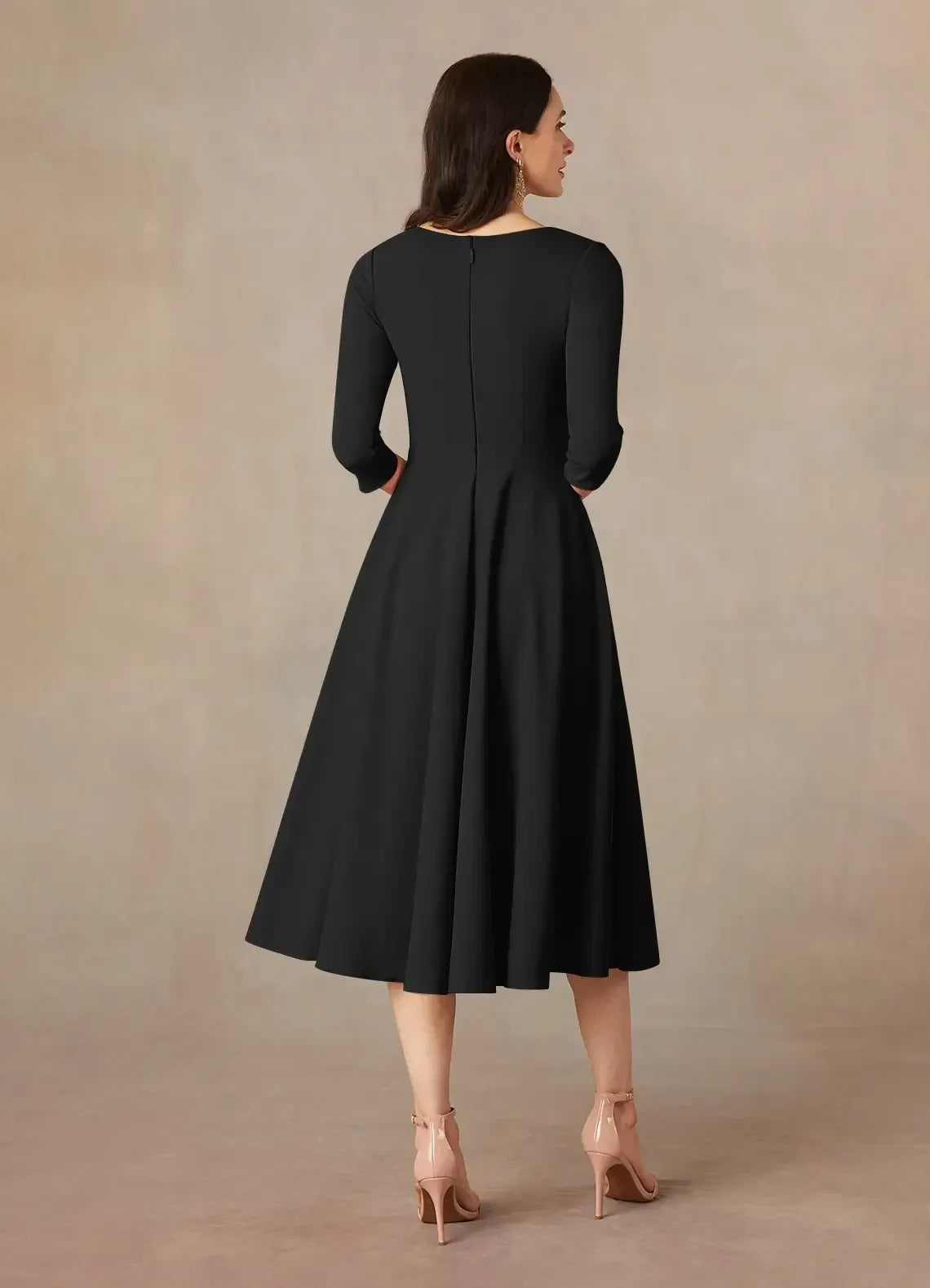 Sophisticated A Line V Neck Three Quarter Sleeve Zipper Back Midi Length Mother of the Bride Dress