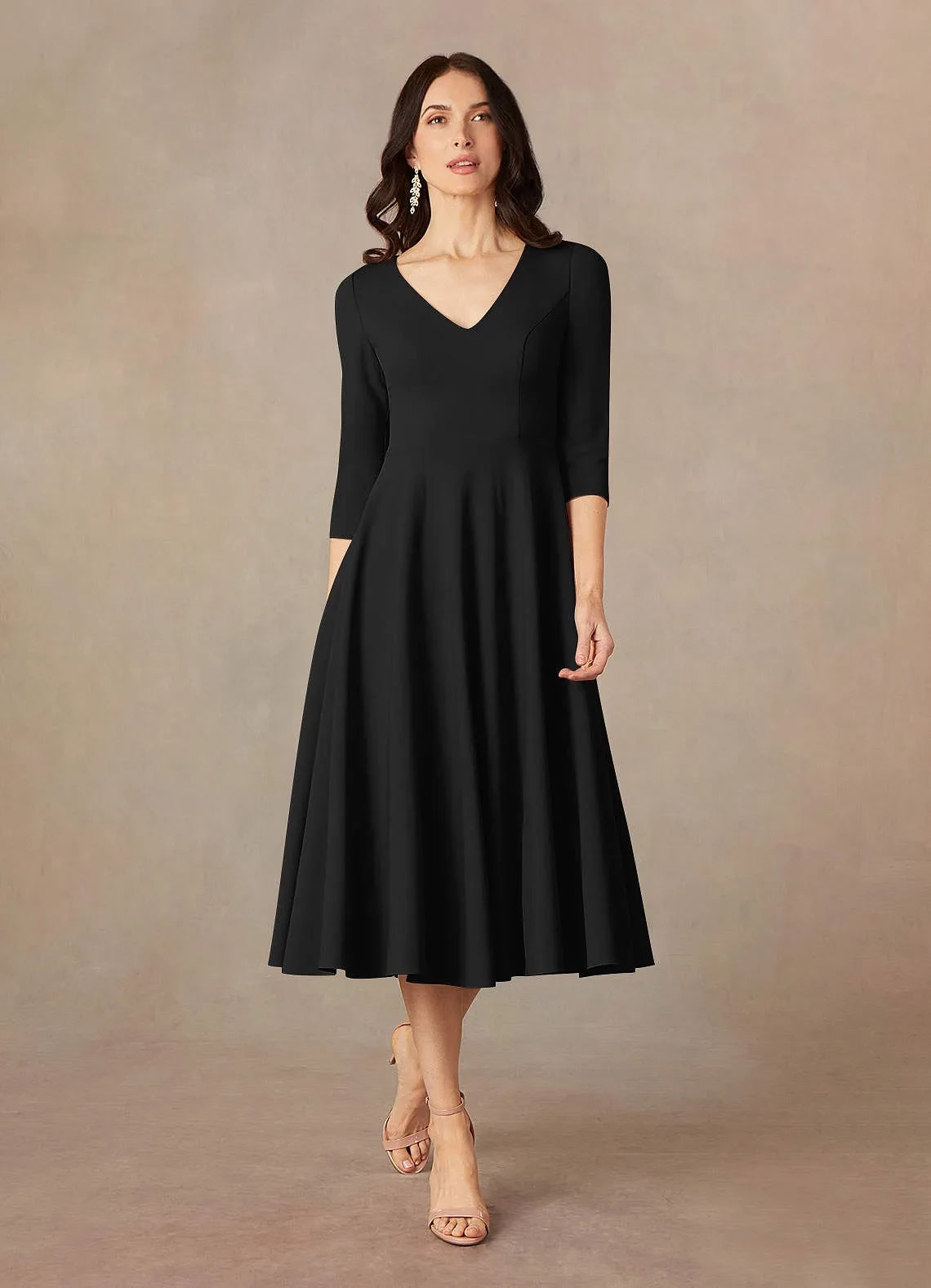 Sophisticated A Line V Neck Three Quarter Sleeve Zipper Back Midi Length Mother of the Bride Dress