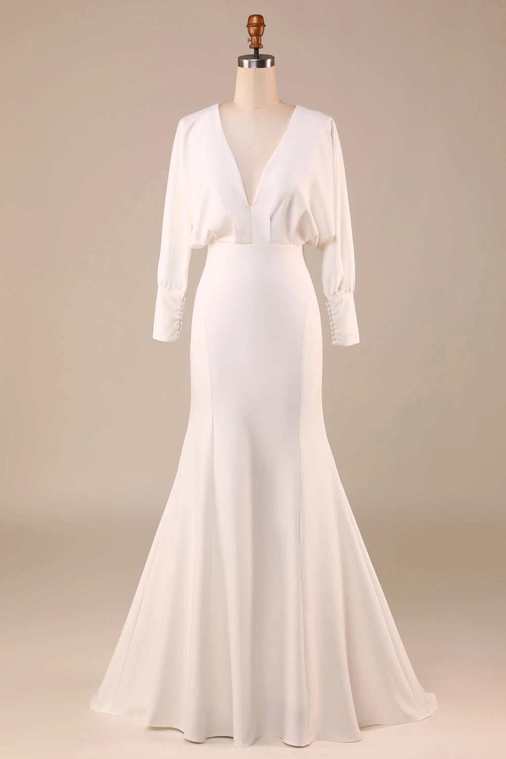 Sophisticated Mermaid Deep V  Neck Long Sleeve Tie Back Maxi Wedding Dress