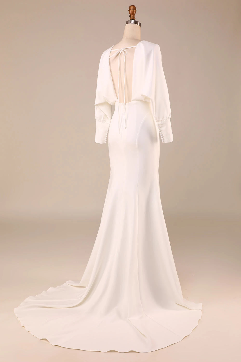 Sophisticated Mermaid Deep V  Neck Long Sleeve Tie Back Maxi Wedding Dress