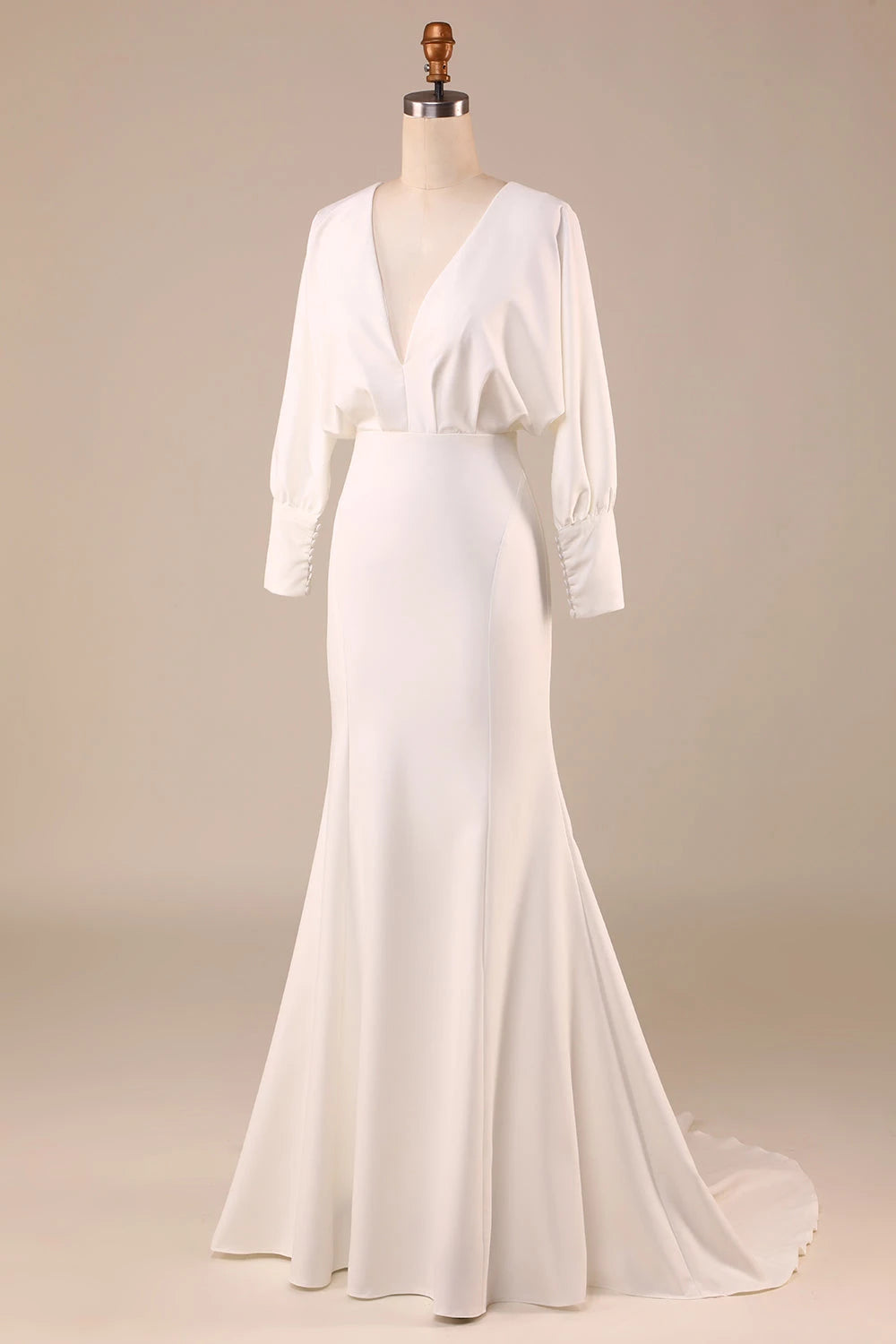 Sophisticated Mermaid Deep V  Neck Long Sleeve Tie Back Maxi Wedding Dress