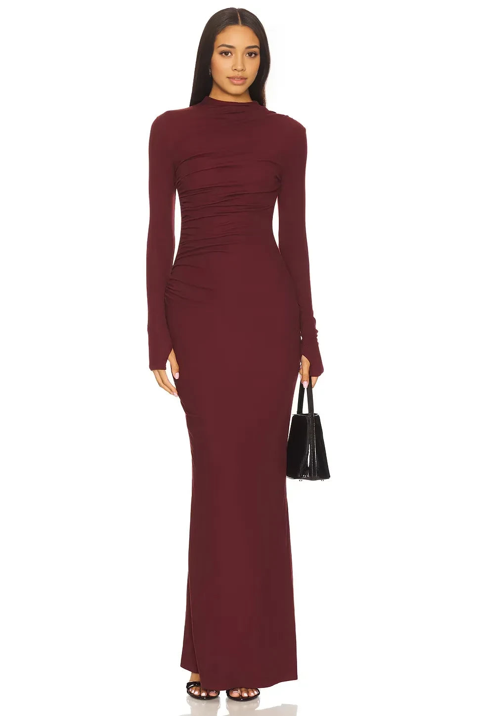 Sophisticated Mermaid Mock Neck Long Sleeve Ruched Back Floor Length Evening Dress