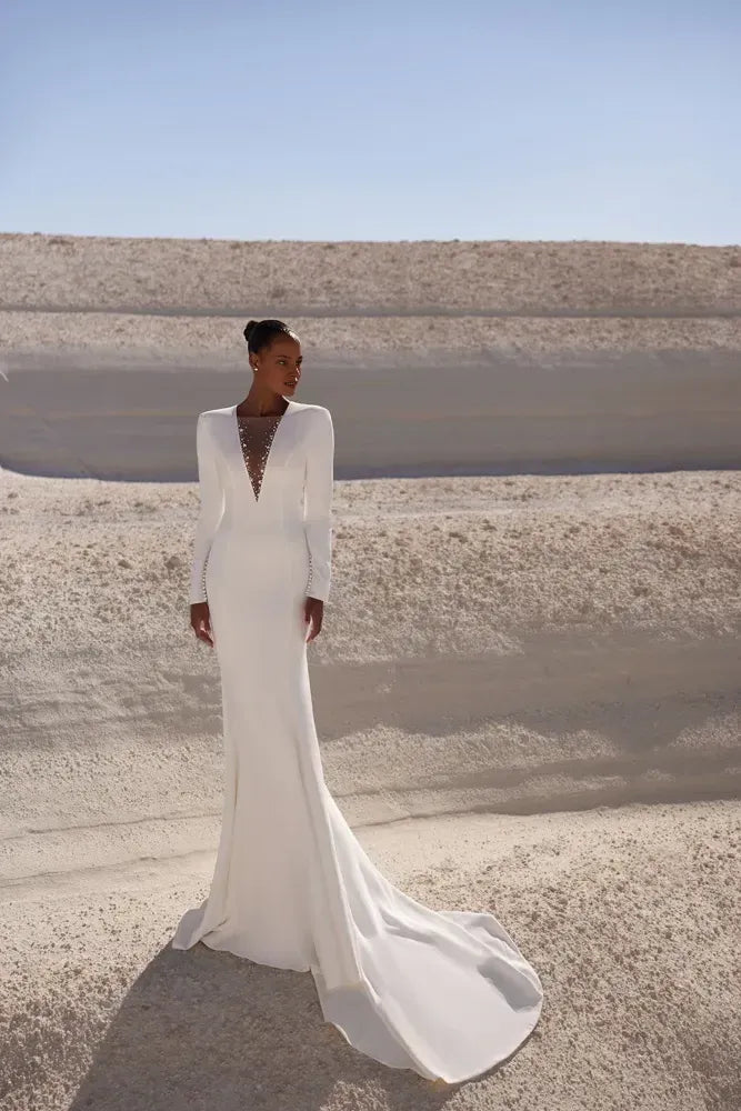 Sophisticated Mermaid Plunge Neck Long Sleeve Tie Back Long Length Wedding Dress