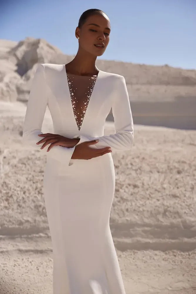 Sophisticated Mermaid Plunge Neck Long Sleeve Tie Back Long Length Wedding Dress