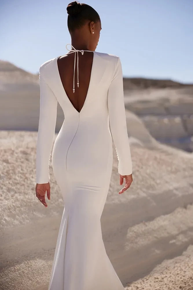 Sophisticated Mermaid Plunge Neck Long Sleeve Tie Back Long Length Wedding Dress