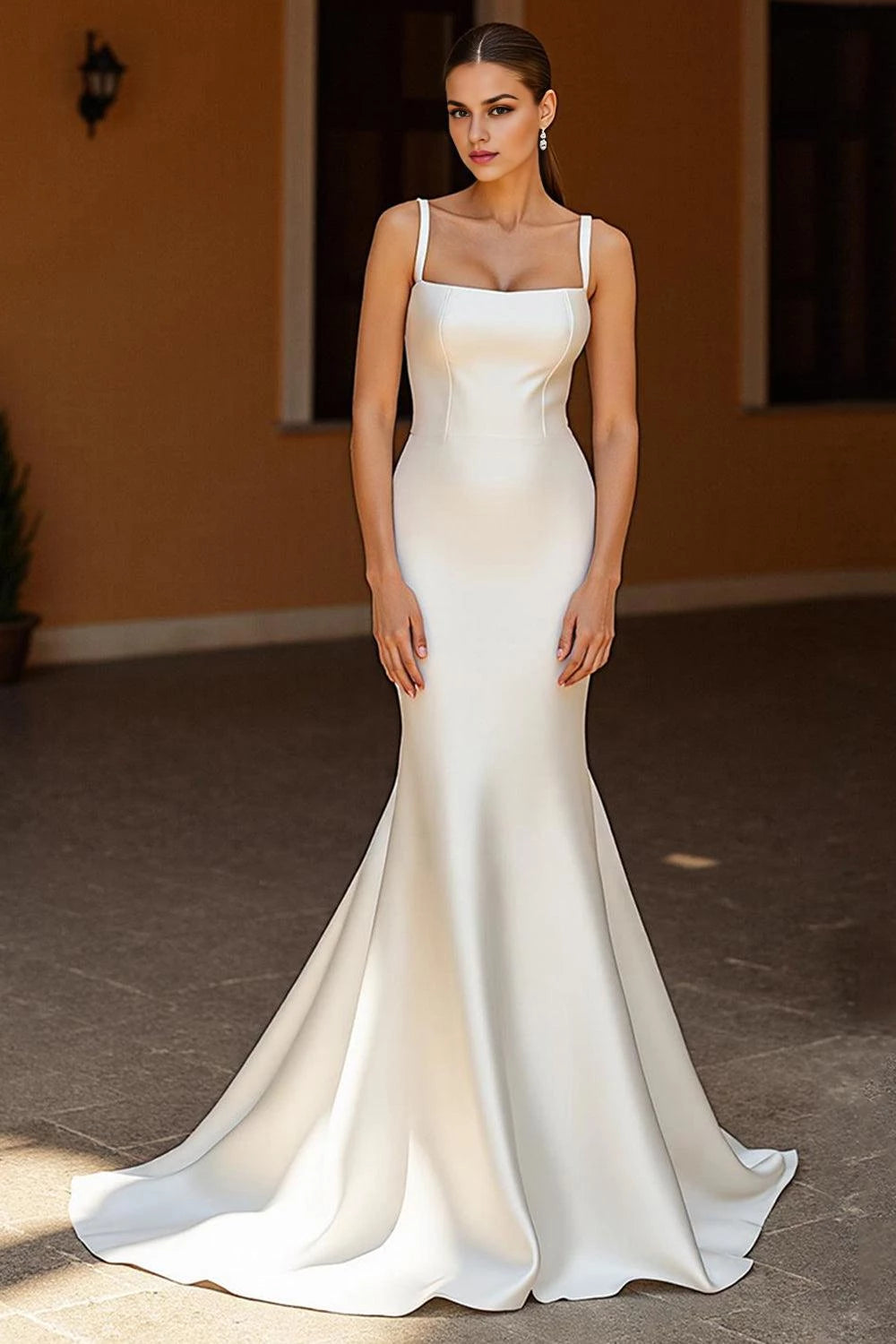 Sophisticated Mermaid Square Neck Sleeveless Open Back Floor Length Wedding Dress