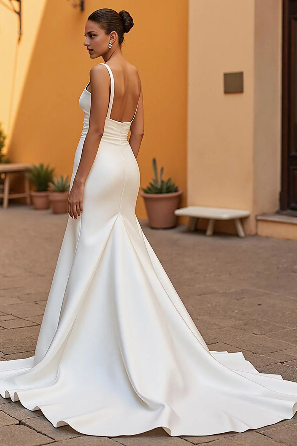 Sophisticated Mermaid Square Neck Sleeveless Open Back Floor Length Wedding Dress