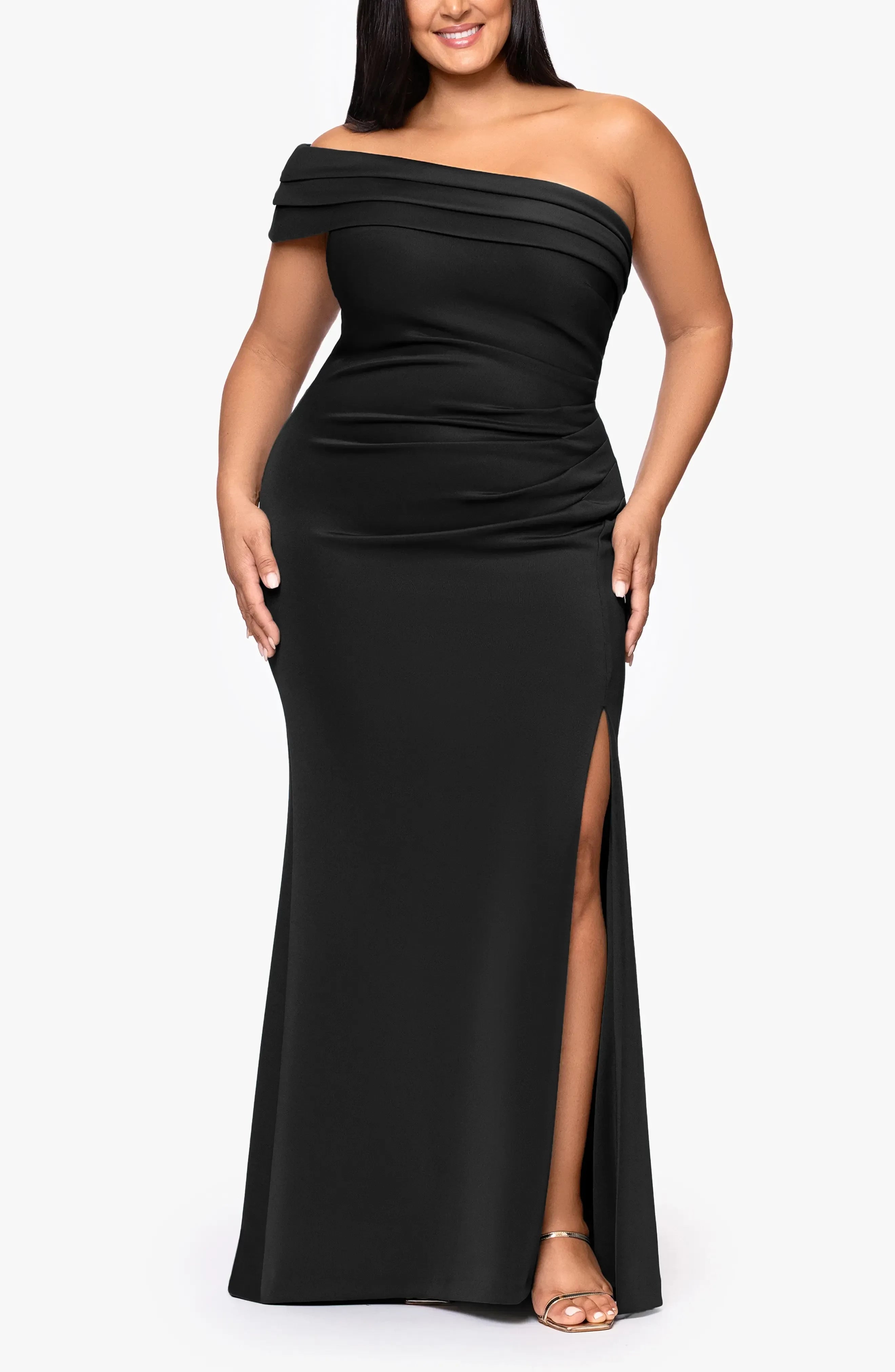 Sophisticated Plus Size Mermaid Off Shoulder Sleeveless Ruched Back Floor Length Evening Dress