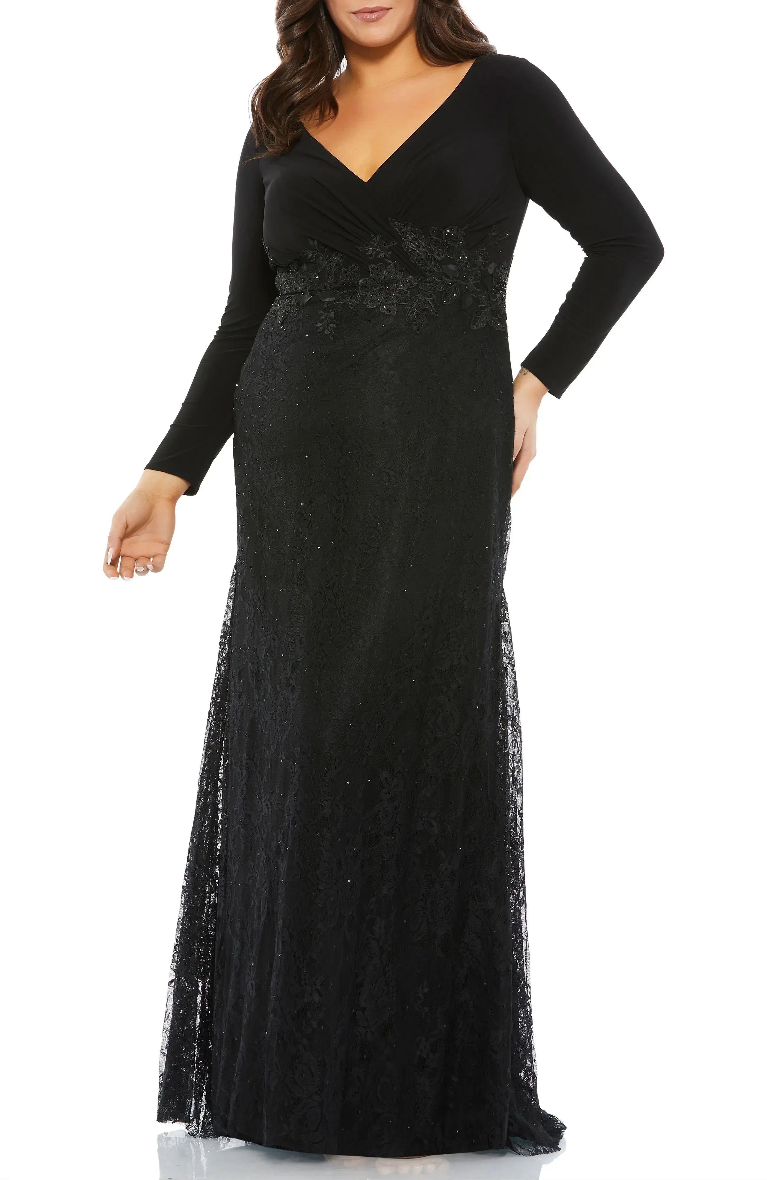 Sophisticated Plus Size Sheath V Neck Long Sleeve Zipper Back Floor Length Evening Dress