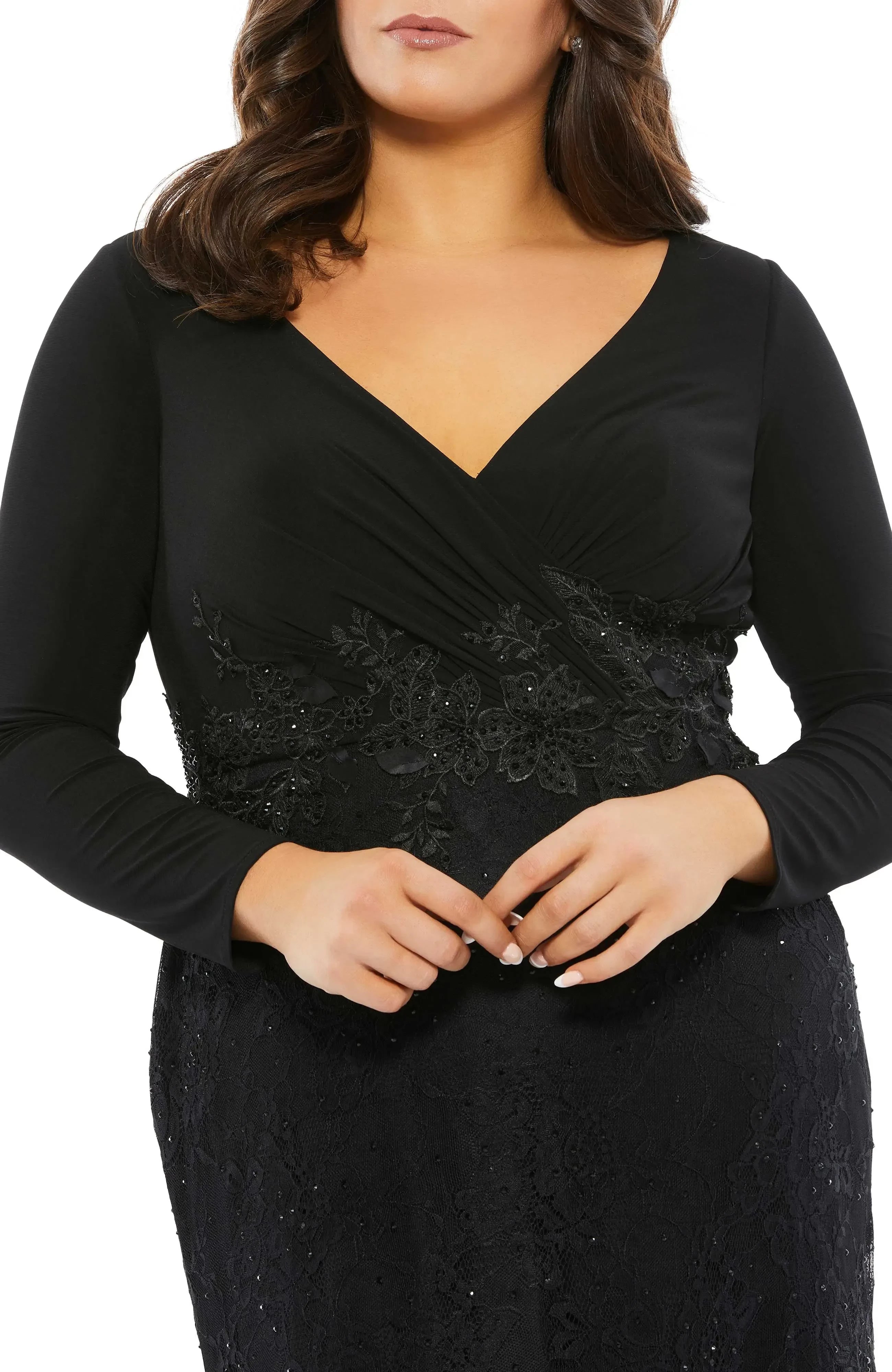 Sophisticated Plus Size Sheath V Neck Long Sleeve Zipper Back Floor Length Evening Dress