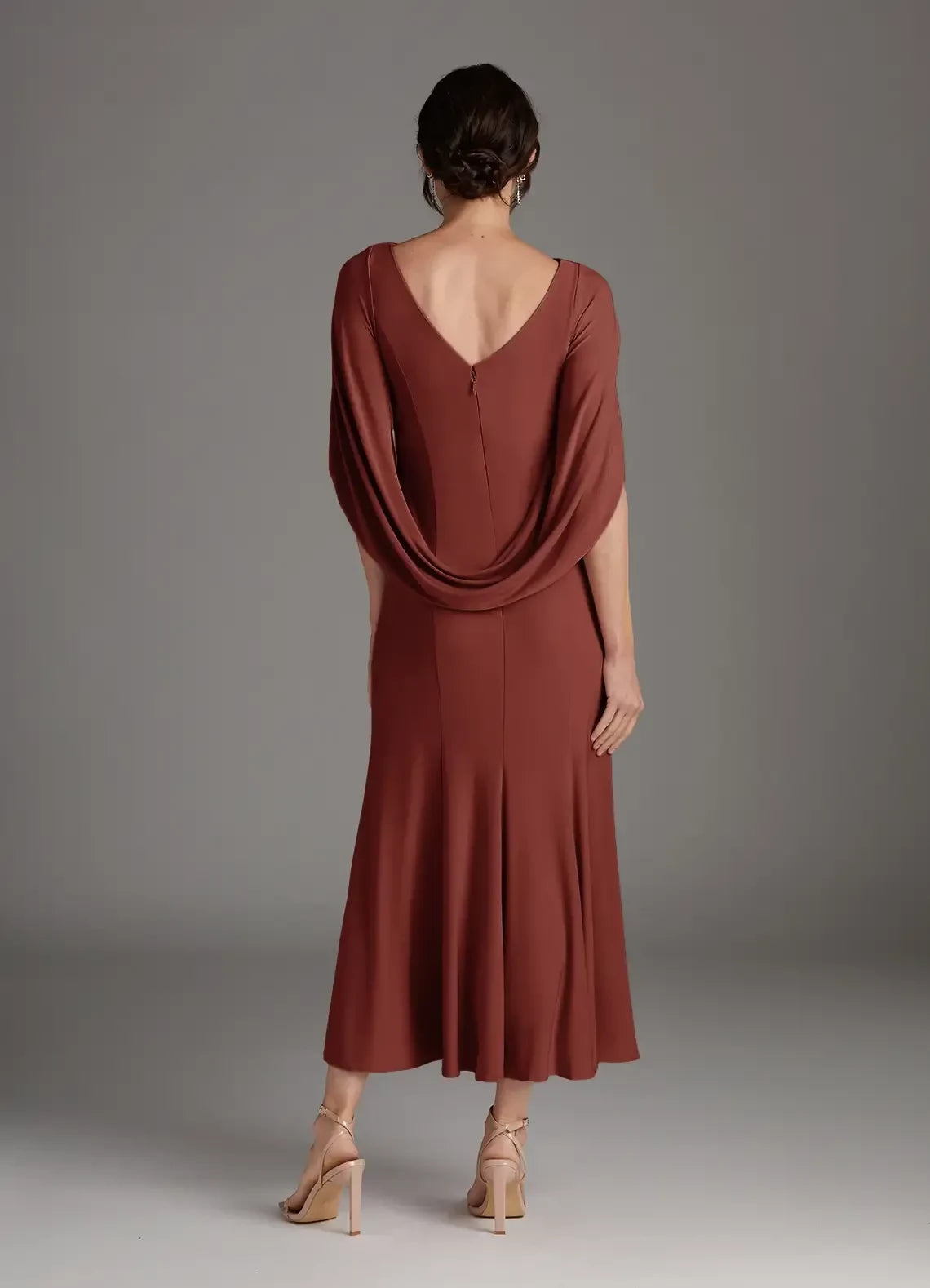 Sophisticated Sheath Boat Neck Draped Sleeve Zipper Back Midi Length Mother of the Bride Dress