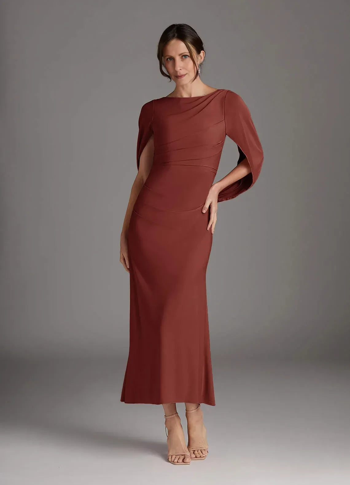 Sophisticated Sheath Boat Neck Draped Sleeve Zipper Back Midi Length Mother of the Bride Dress