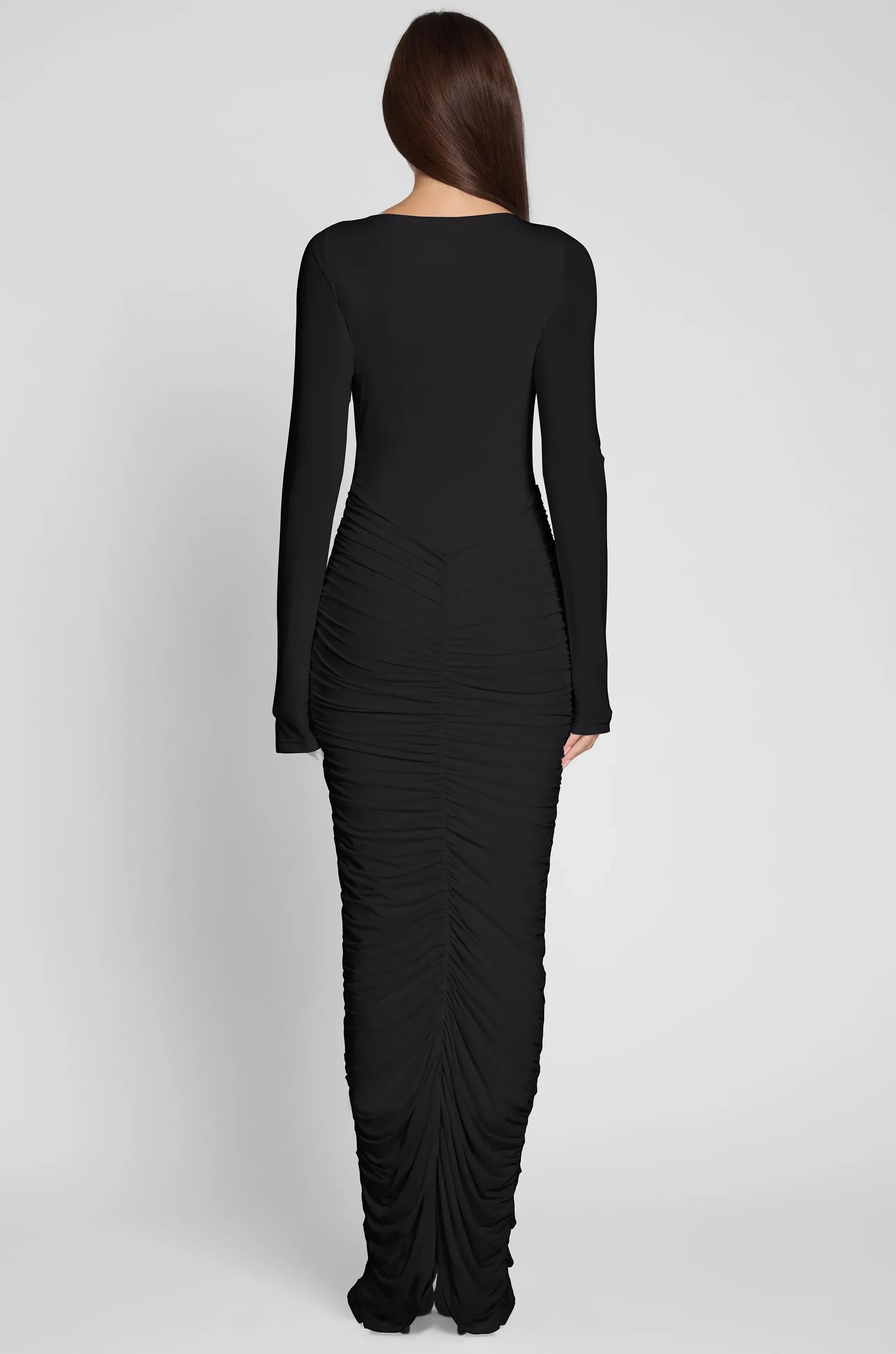 Sophisticated Sheath Boat Neck Long Sleeve Ruched Bodice Floor Length Prom Dress