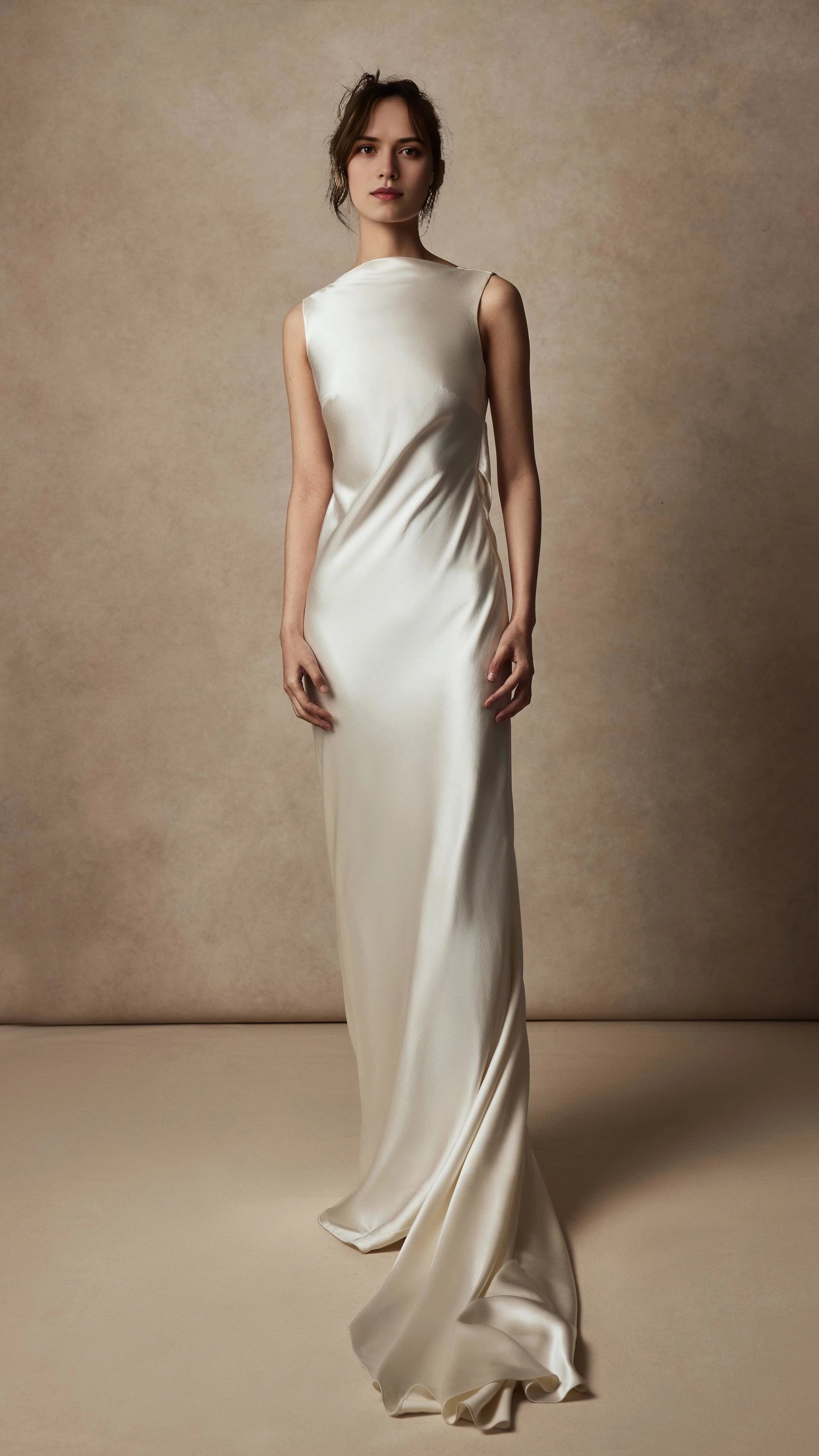 Sophisticated Sheath Boat Neck Sleeveless Cowl Back Floor Length Wedding Dress