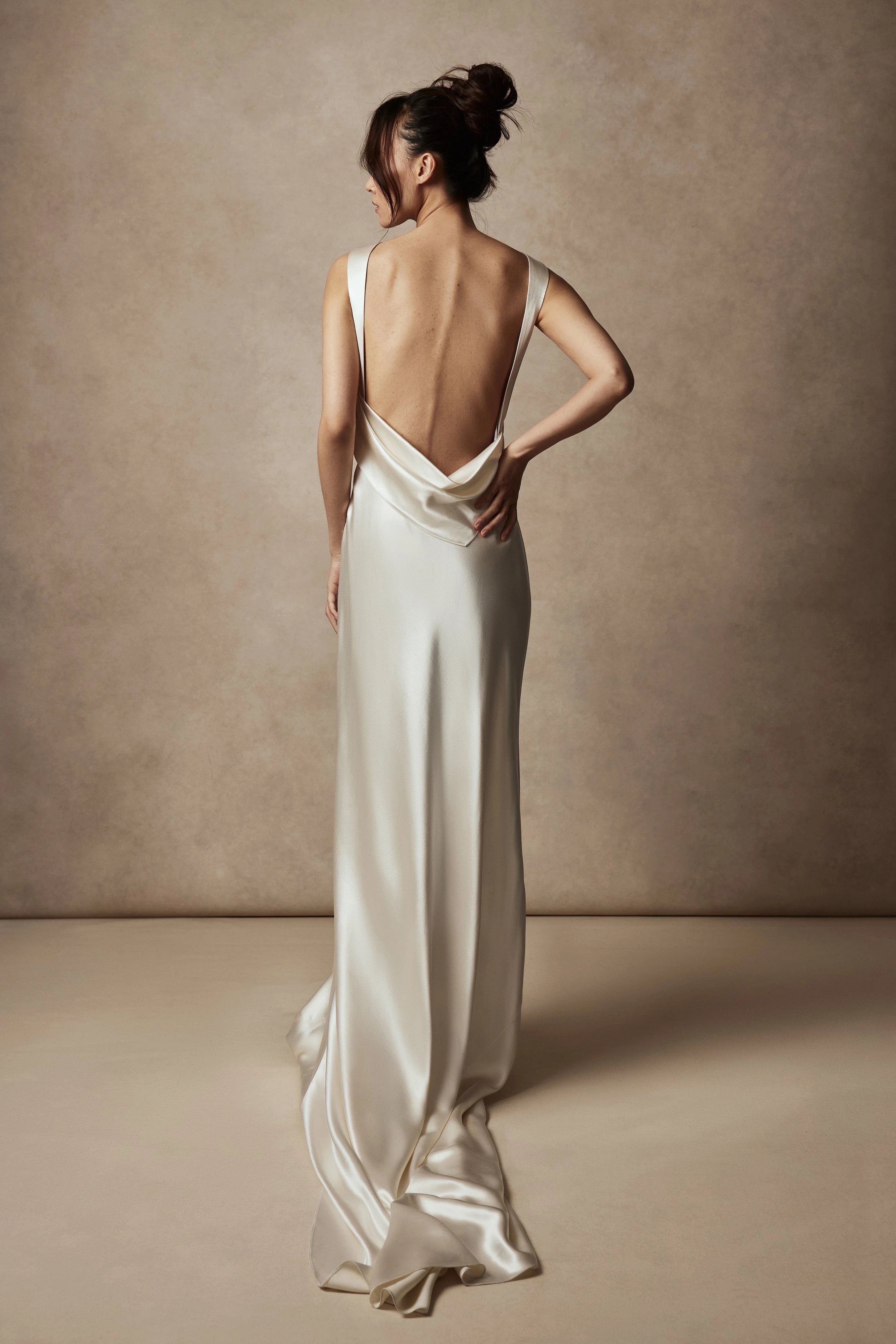 Sophisticated Sheath Boat Neck Sleeveless Cowl Back Floor Length Wedding Dress