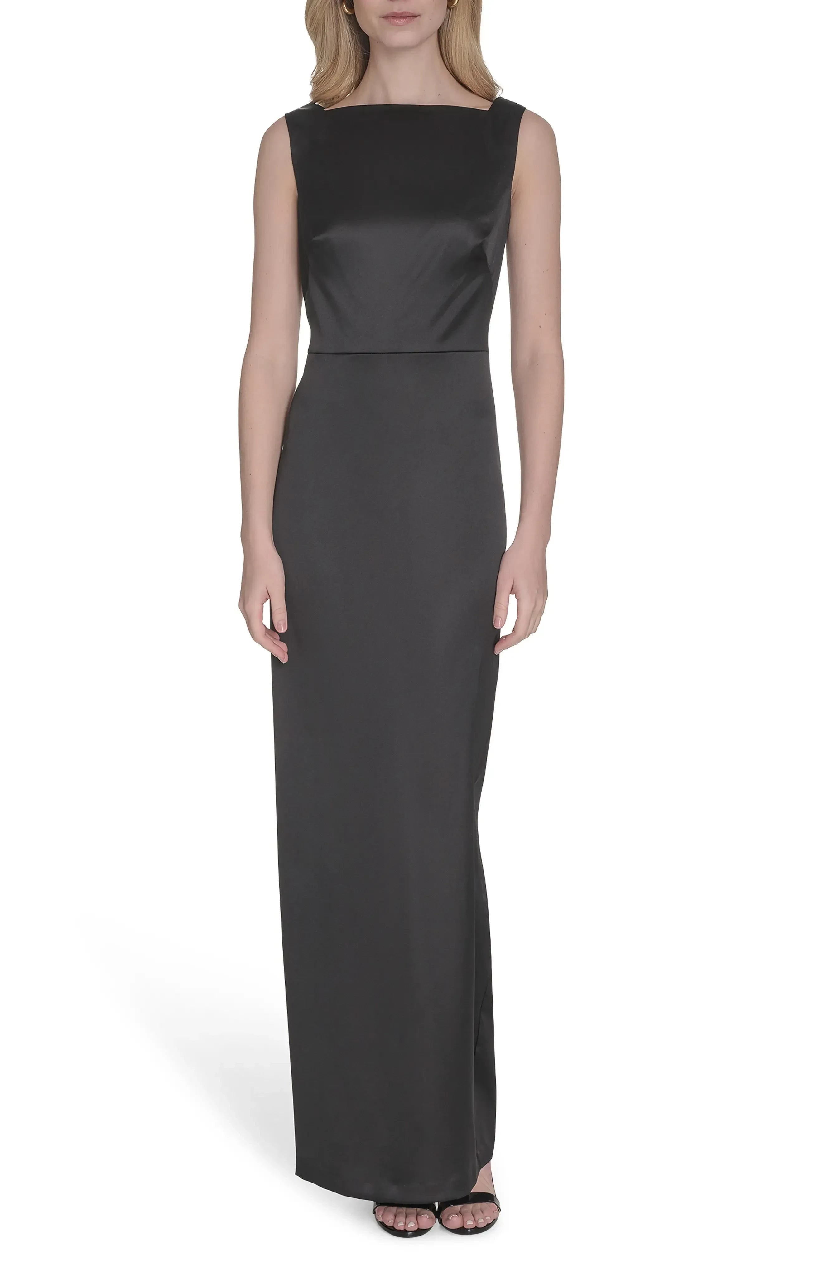 Sophisticated Sheath Boat Neck Sleeveless Draped Back Floor Length Evening Dress