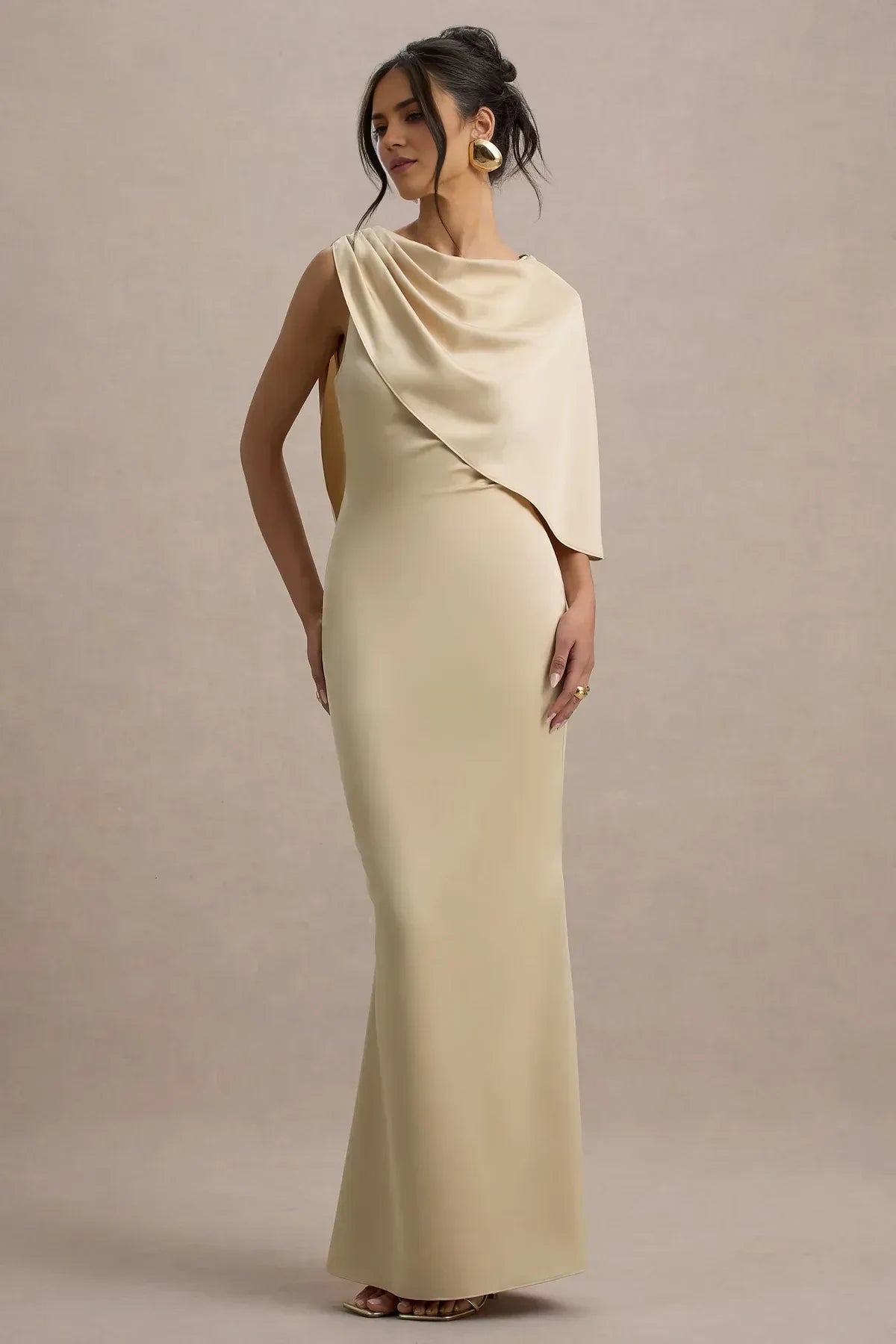 Sophisticated Sheath Cowl Neck Cape Sleeve Draped Back Floor Length Evening Dress