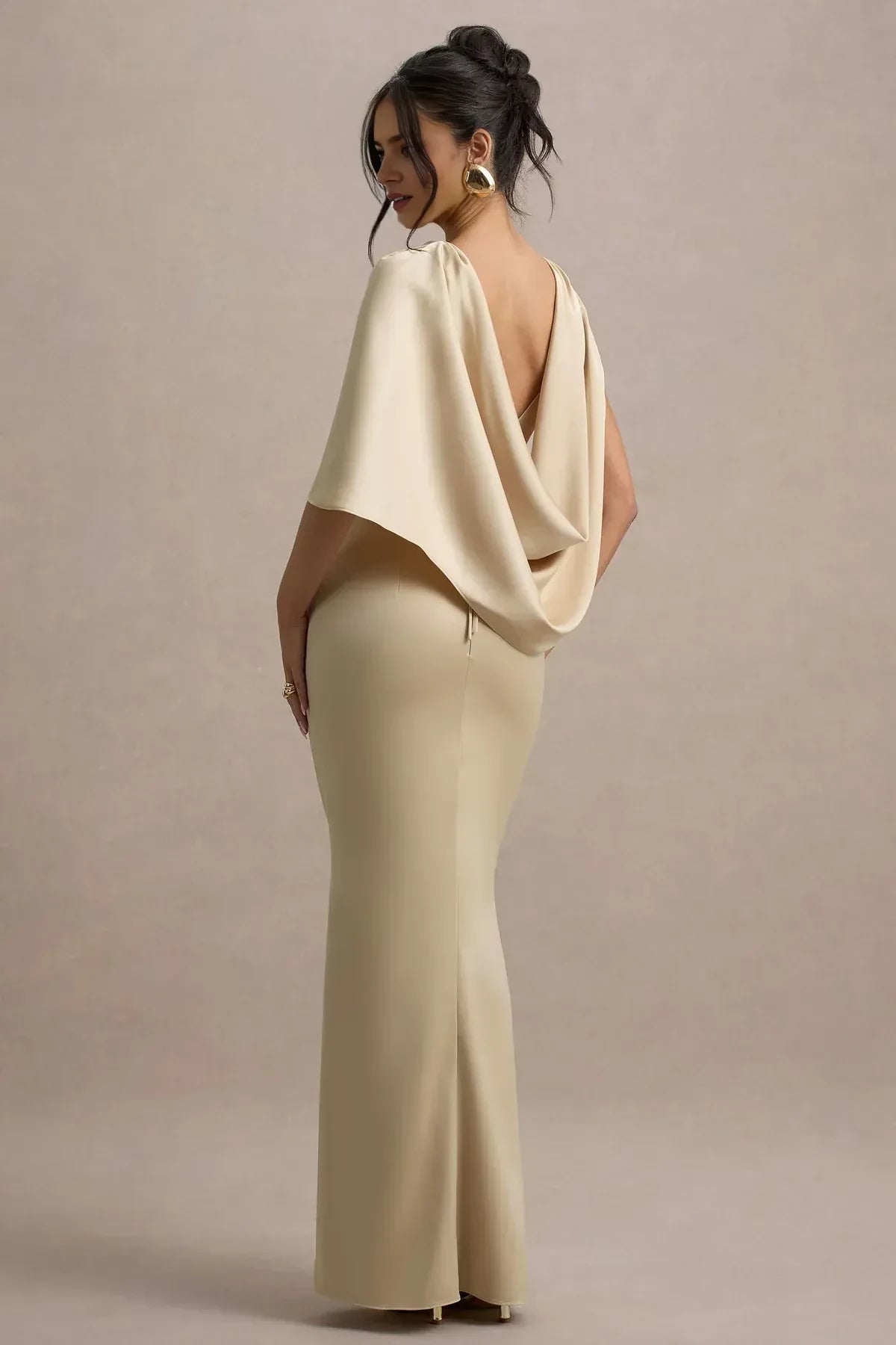 Sophisticated Sheath Cowl Neck Cape Sleeve Draped Back Floor Length Evening Dress