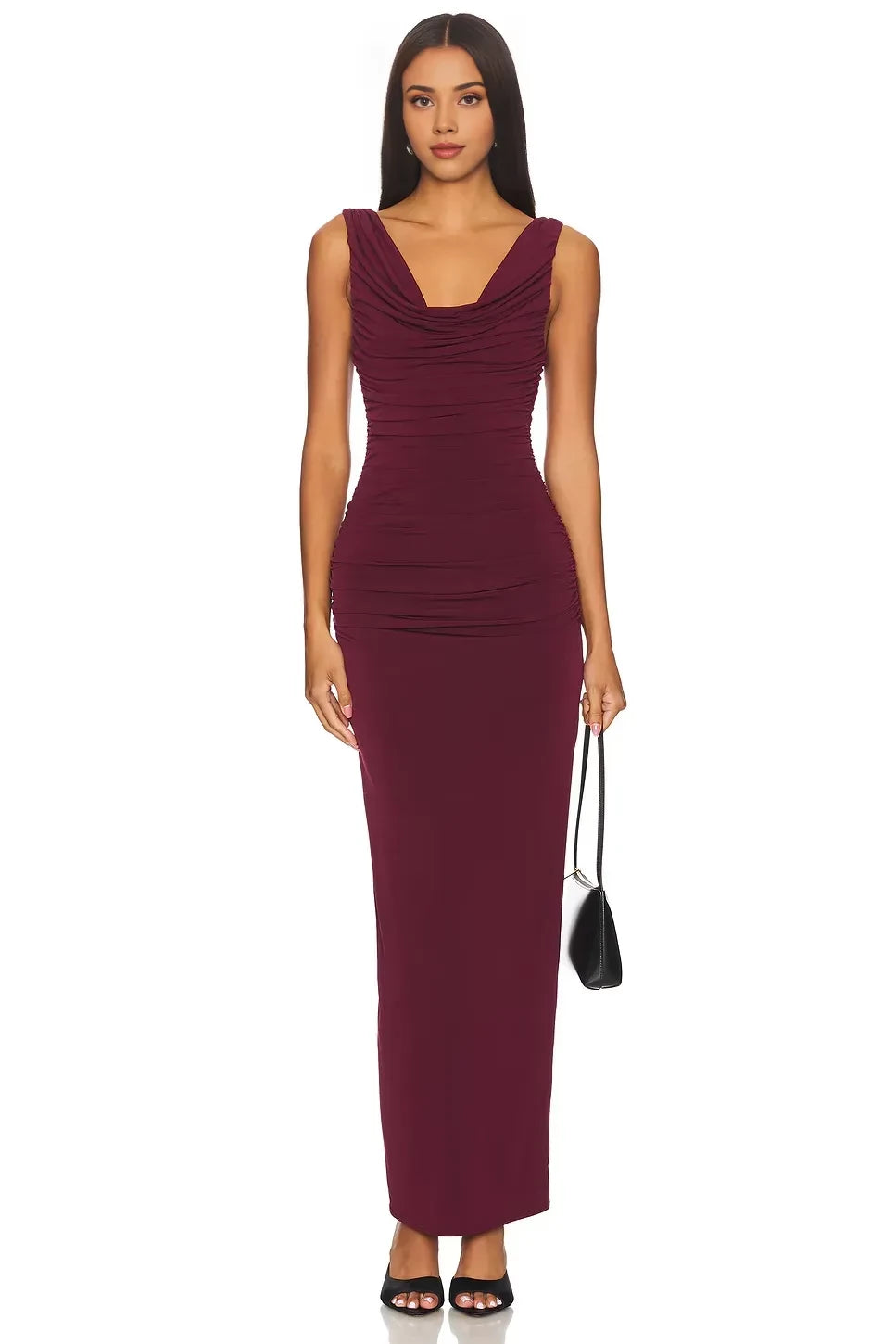 Sophisticated Sheath Cowl Neck Sleeveless Ruched Back Slit Front Floor Length Evening Dress