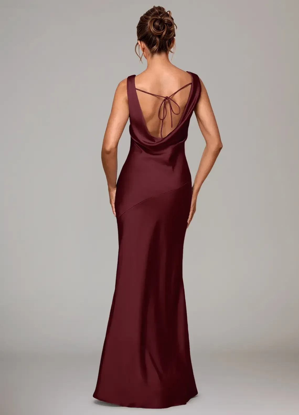 Sophisticated Sheath Cowl Neck Sleeveless Tie Back Floor Length Bridesmaid Dress